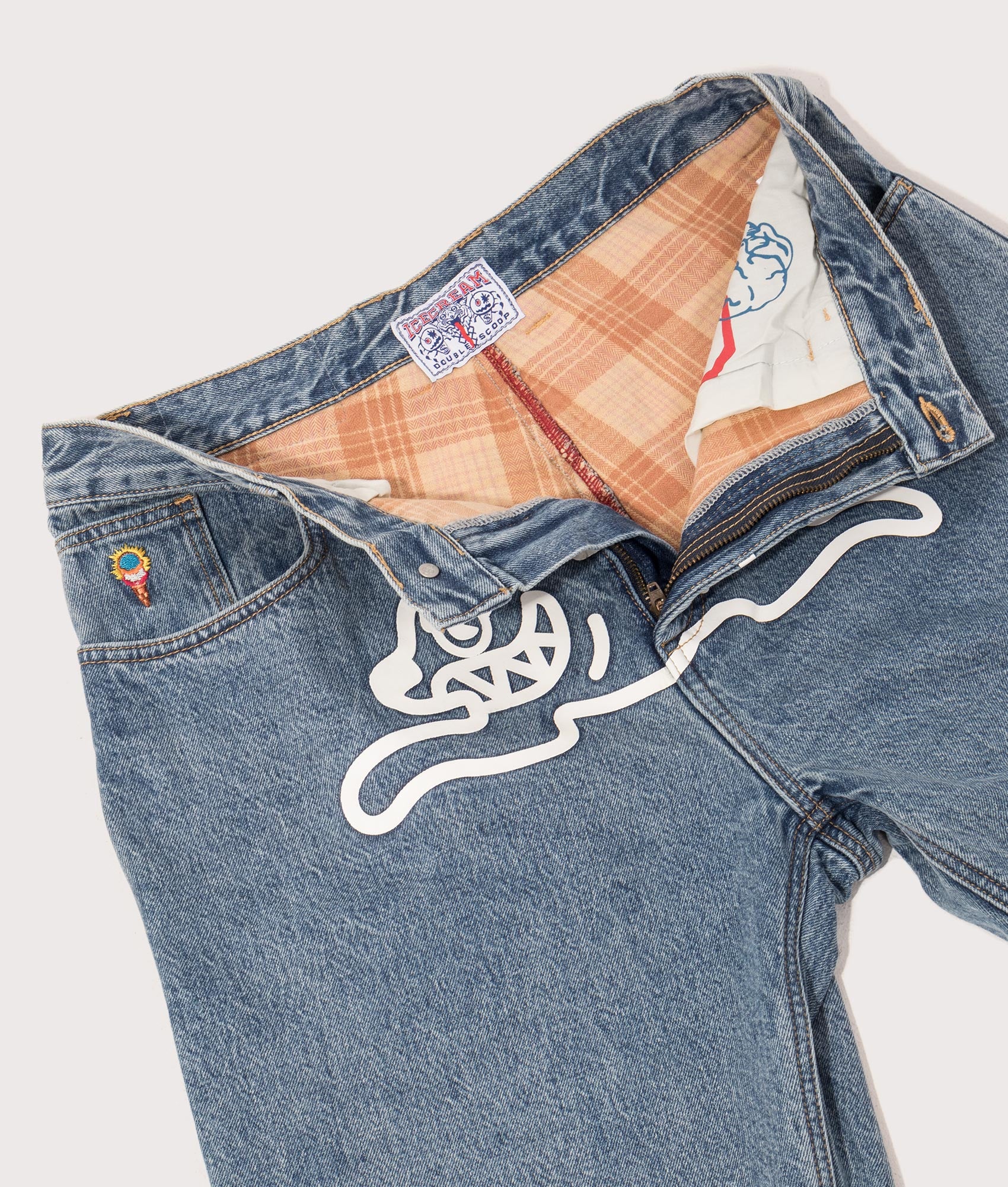 Check Lined Denim Pants by ICECREAM in Vintage Wash Blue. Shot by EQVVS. Interior shot.