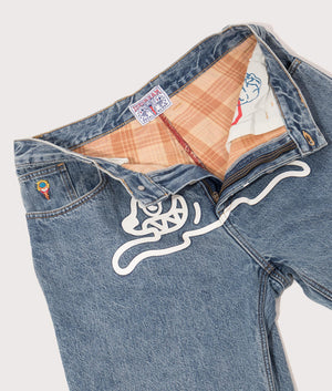 Check Lined Denim Pants by ICECREAM in Vintage Wash Blue. Shot by EQVVS. Interior shot.