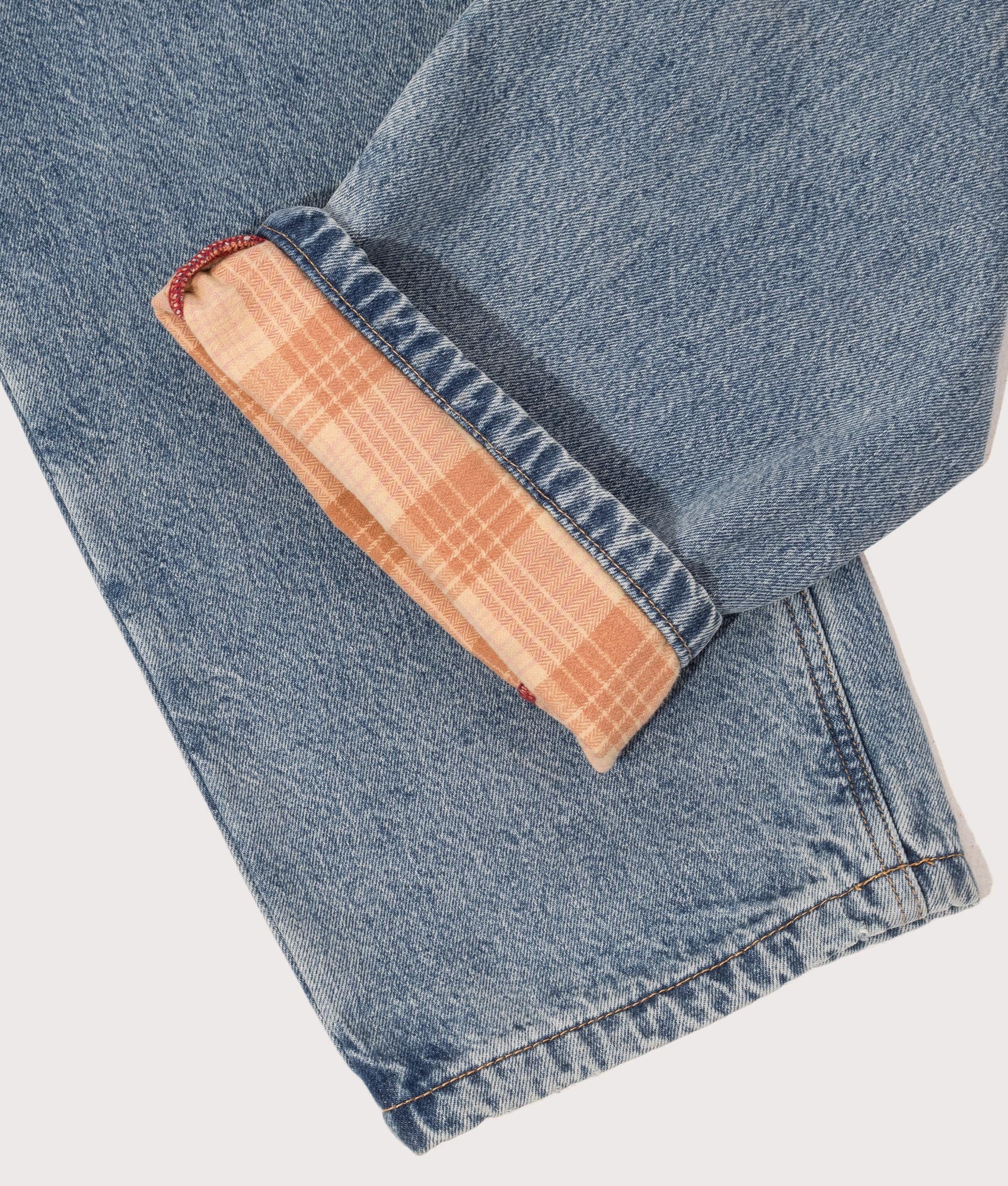 Check Lined Denim Pants by ICECREAM in Vintage Wash Blue. Shot by EQVVS. 
Checked detail shot.