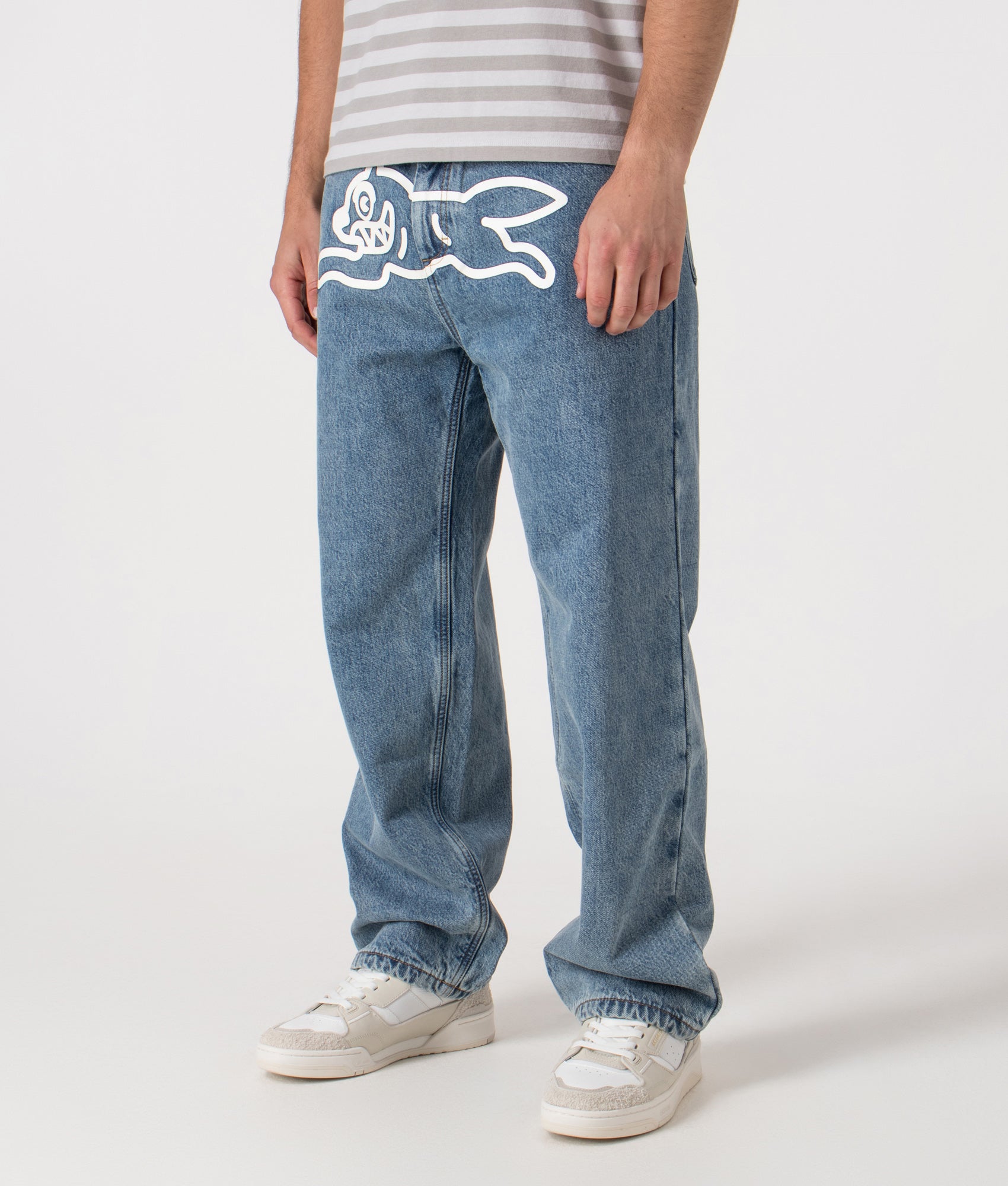 Check Lined Denim Pants by ICECREAM in Vintage Wash Blue. Shot by EQVVS. Front angled shot.
