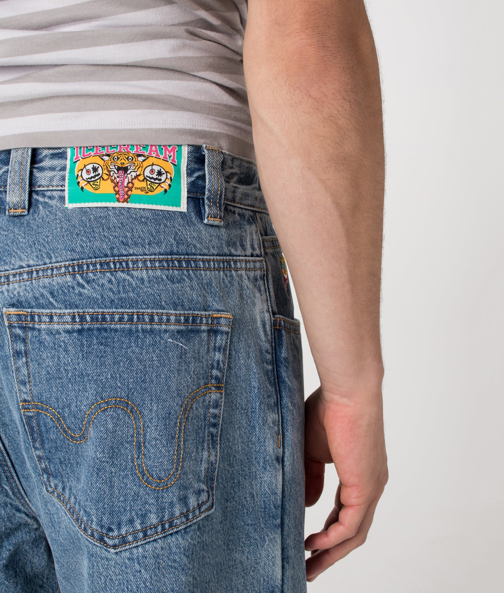 Check Lined Denim Pants by ICECREAM in Vintage Wash Blue. Shot by EQVVS. Back detail shot.