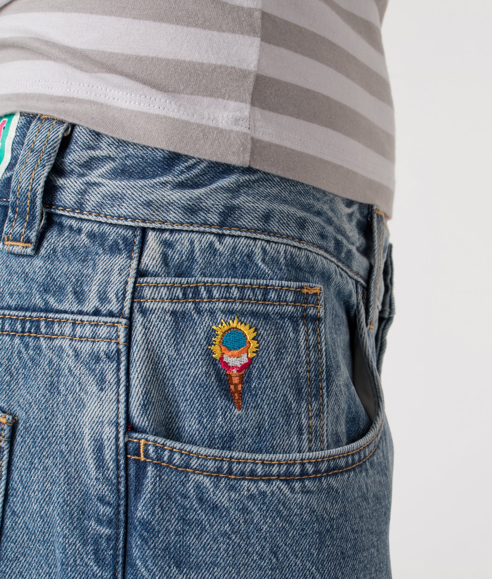 Check Lined Denim Pants by ICECREAM in Vintage Wash Blue. Shot by EQVVS. Detail shot.