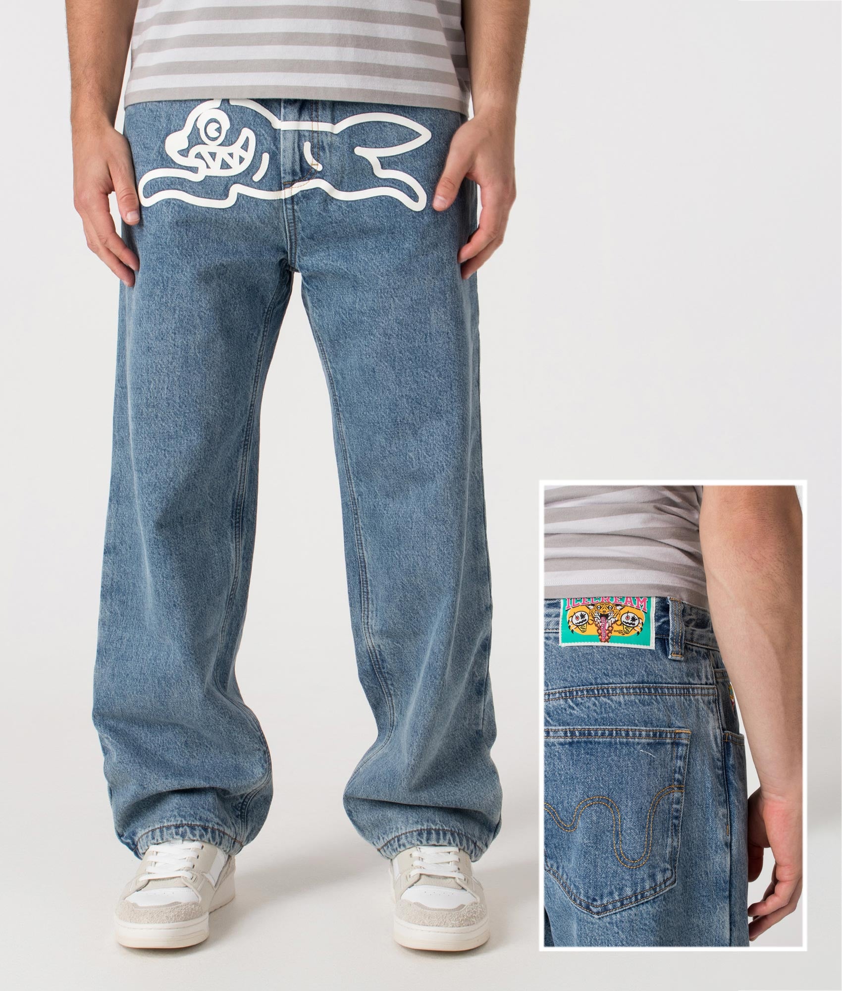 Check Lined Denim Pants by ICECREAM in Vintage Wash Blue. Shot by EQVVS. Front & Back detail shot.