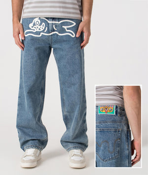 Check Lined Denim Pants by ICECREAM in Vintage Wash Blue. Shot by EQVVS. Front & Back detail shot.