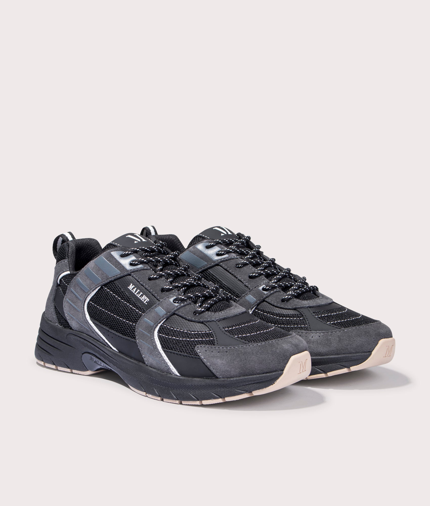 Mallet Holloway Lightspeed Sneakers in Black and Grey in Mesh, leather and Suede Angle Shot at EQVVS