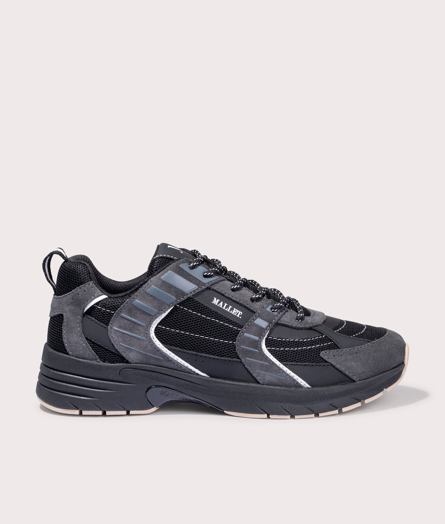Mallet Holloway Lightspeed Sneakers in Black and Grey in Mesh, leather and Suede Side Shot at EQVVS