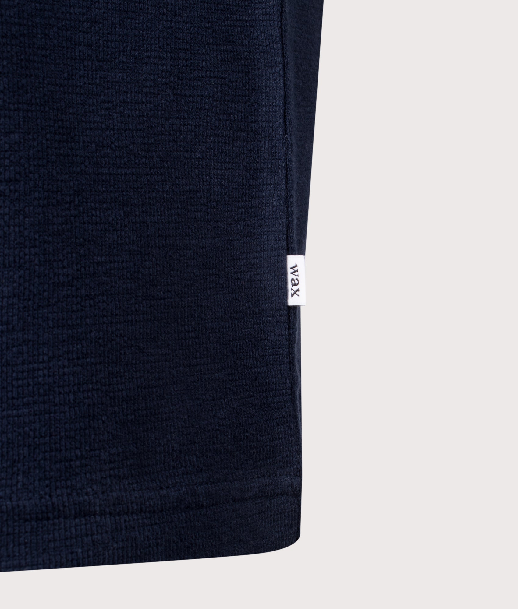 Wax London Dean Short Sleeve T-Shirt in Navy at EQVVS Menswear. Detail shot.