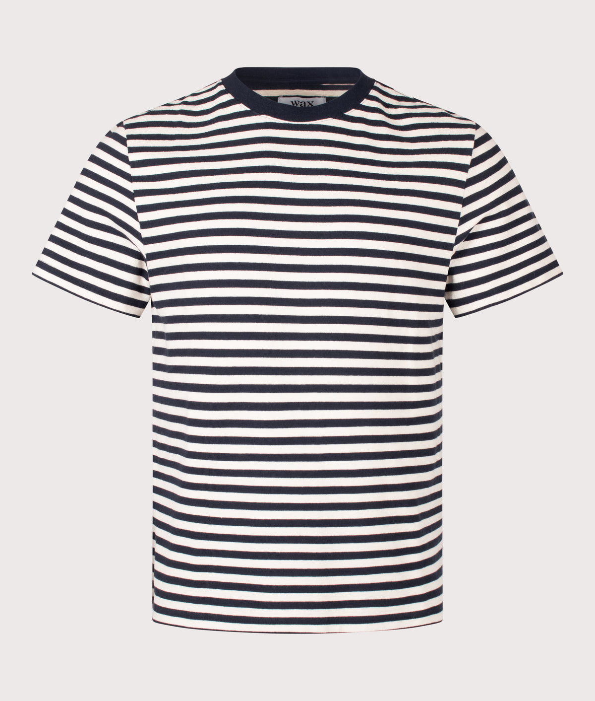 Wax London Regular Fit Dean Striped T-Shirt in Navy and Ecru at EQVVS Menswear. Front shot.