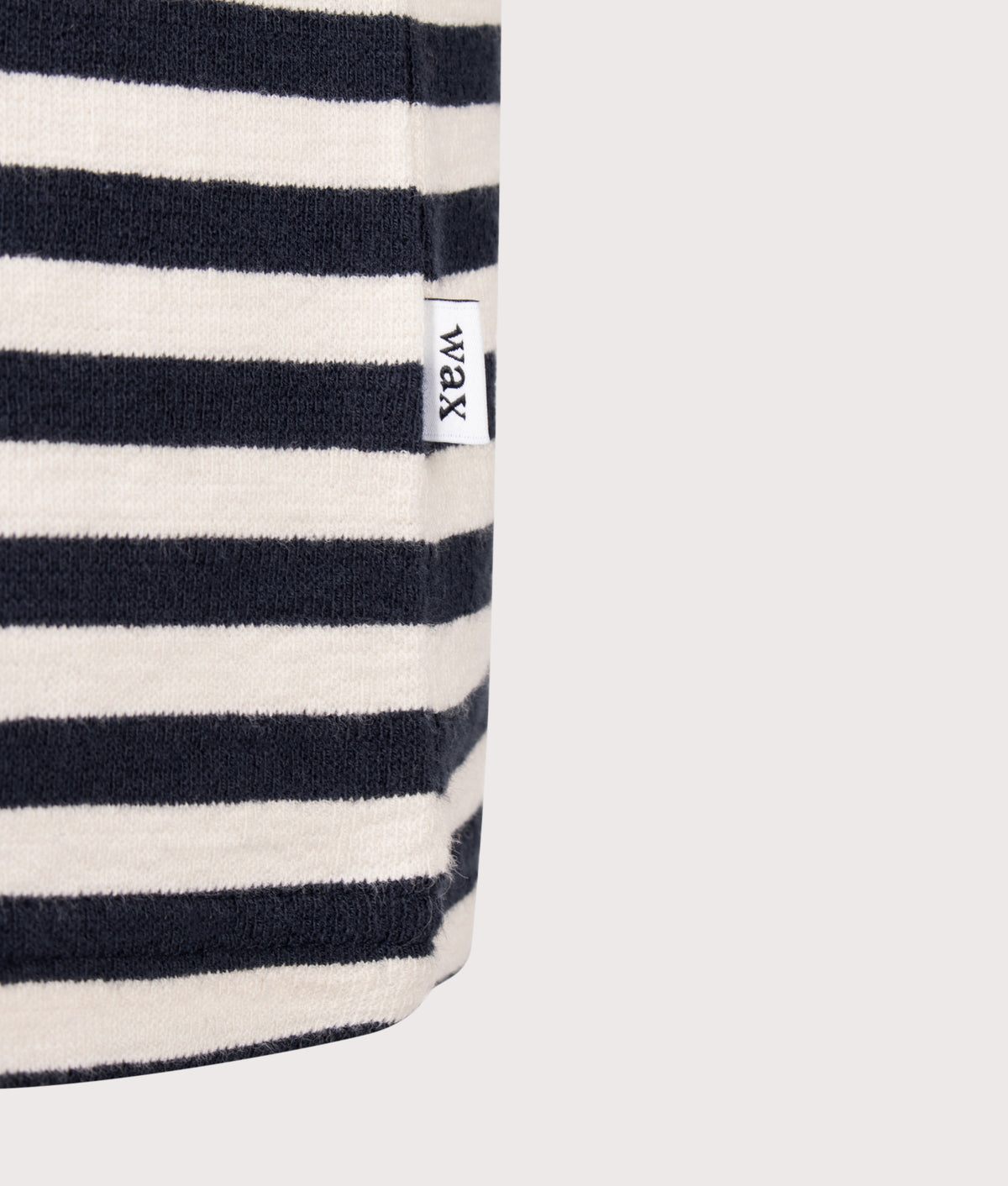 Wax London Regular Fit Dean Striped T-Shirt in Navy and Ecru at EQVVS Menswear. Detail shot.