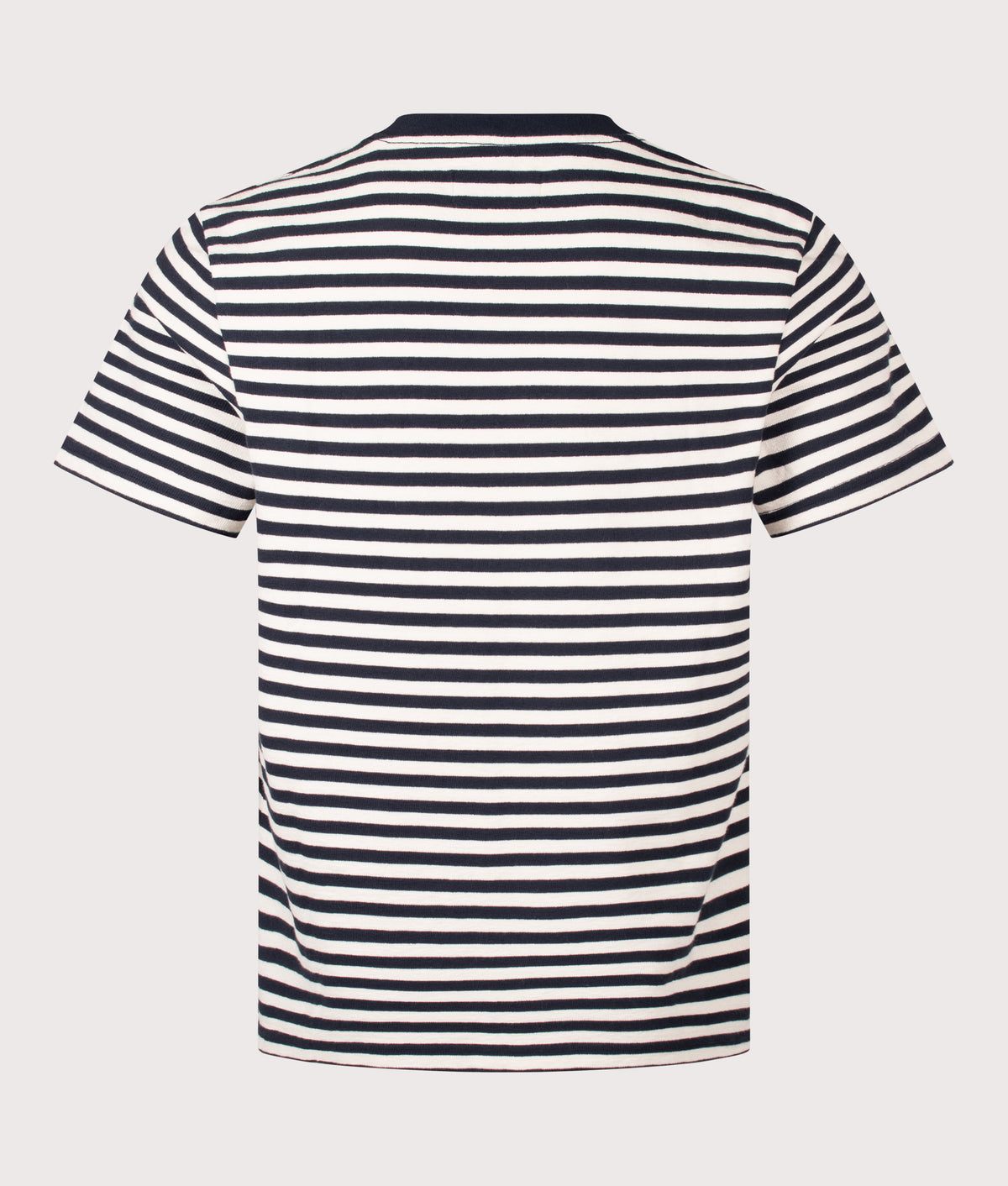 Wax London Regular Fit Dean Striped T-Shirt in Navy and Ecru at EQVVS Menswear. Back shot.