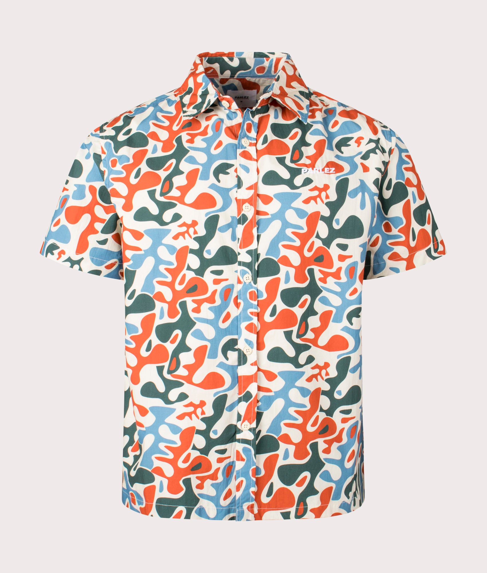 Short Sleeve Puerto Shirt in Camo Muliti by Parlez. EQVVS Front Angle Shot.