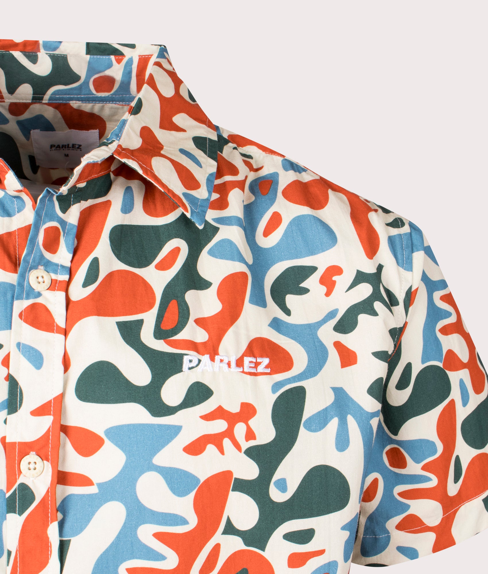 Short Sleeve Puerto Shirt in Camo Muliti by Parlez. EQVVS Detail Shot.