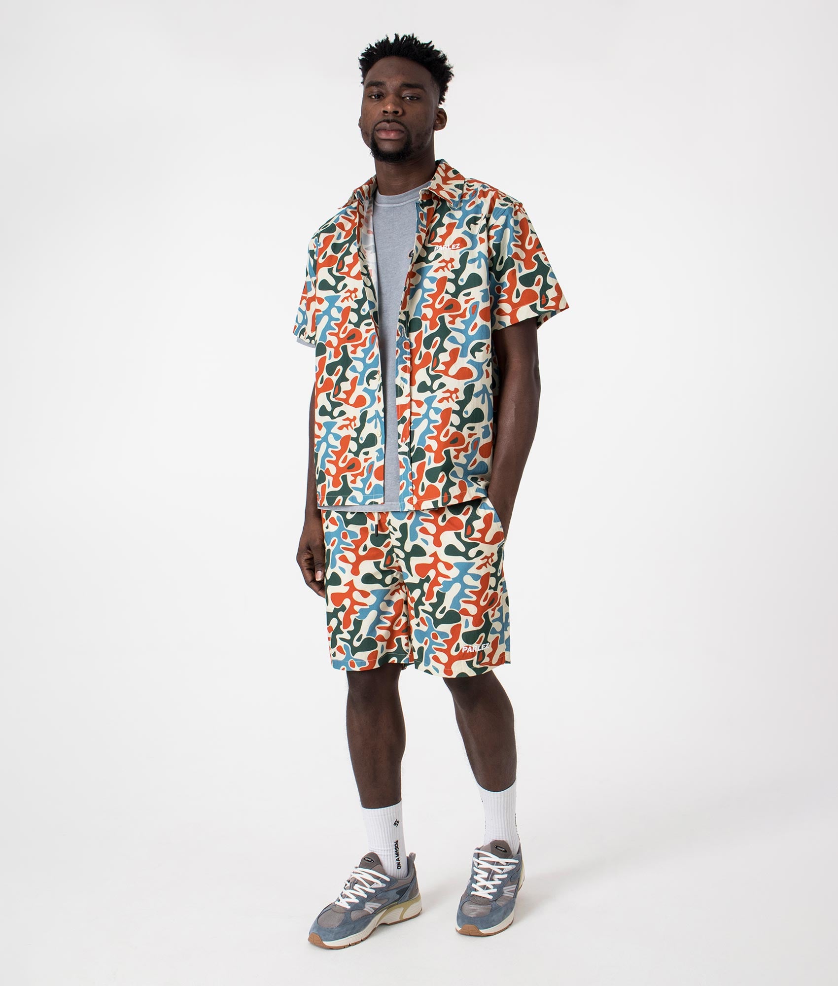 Puerto Shorts in Camo Multi by Parlez. EQVVS Full Shot.