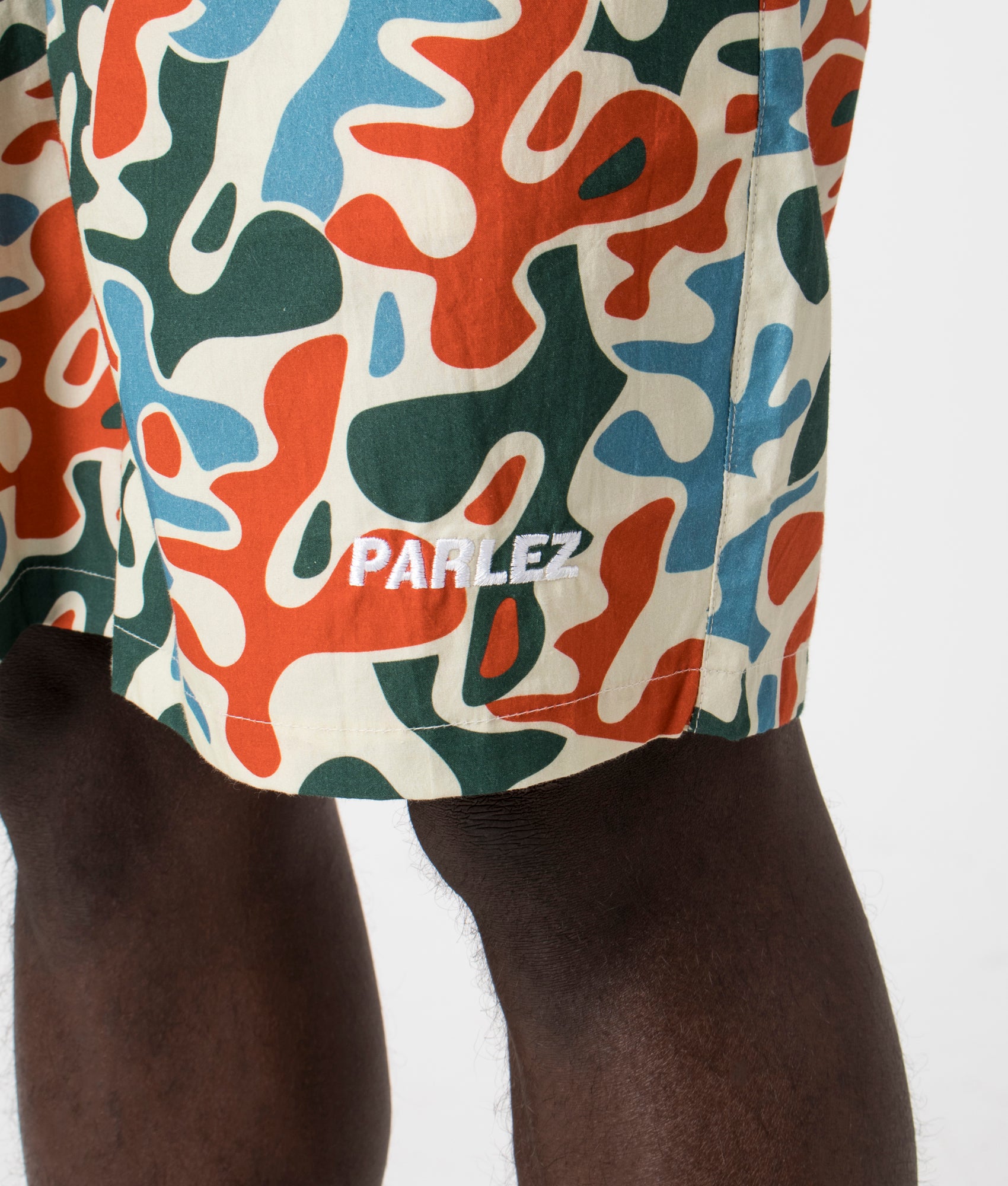 Puerto Shorts in Camo Multi by Parlez. EQVVS Detail Shot.