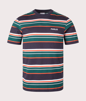 Elche Stripe T-Shirt in Navy by Parlez. EQVVS Front Angle Shot. 