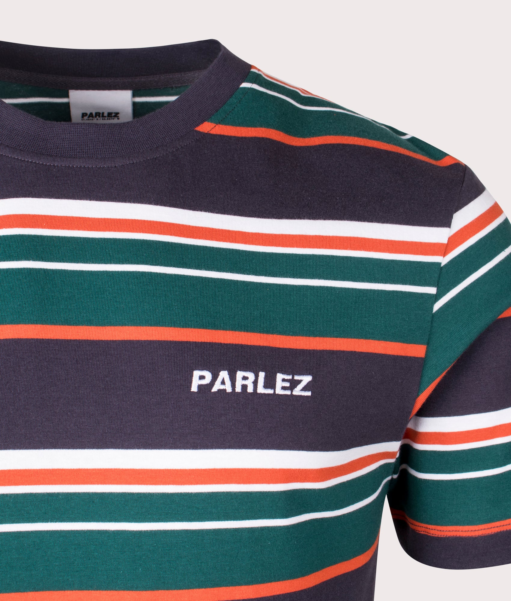 Elche Stripe T-Shirt in Navy by Parlez. EQVVS Detail Shot.