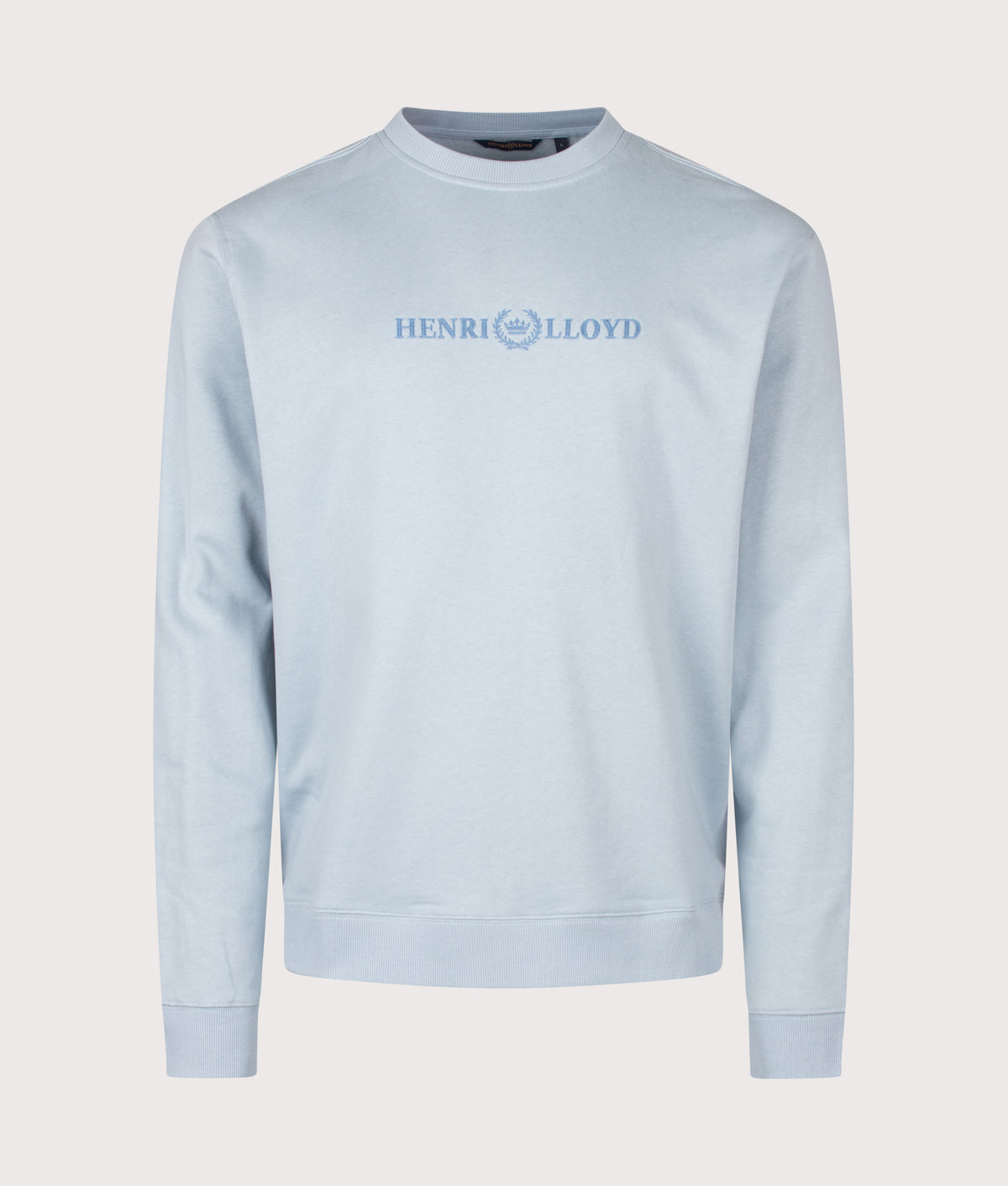 Henri-Lloyd Regular Fit Lytham Crew Neck Sweatshirt in Fog Blue at EQVVS Menswear. Front shot.
