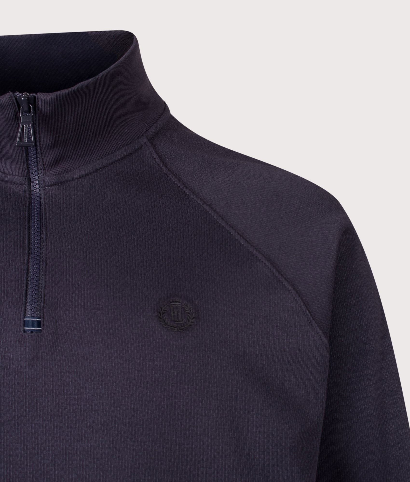 Hayle Quarter Zip Sweatshirt in Dark navy by Henri-Lloyd. Shot by EQVVS. Detail shot.