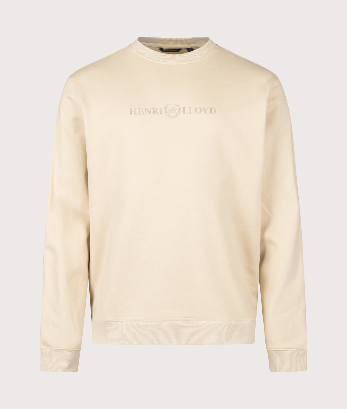 Henri-Lloyd Regular Fit Lytham Crew Neck Sweatshirt in Oyster Beige at EQVVS Menswear. Front shot.