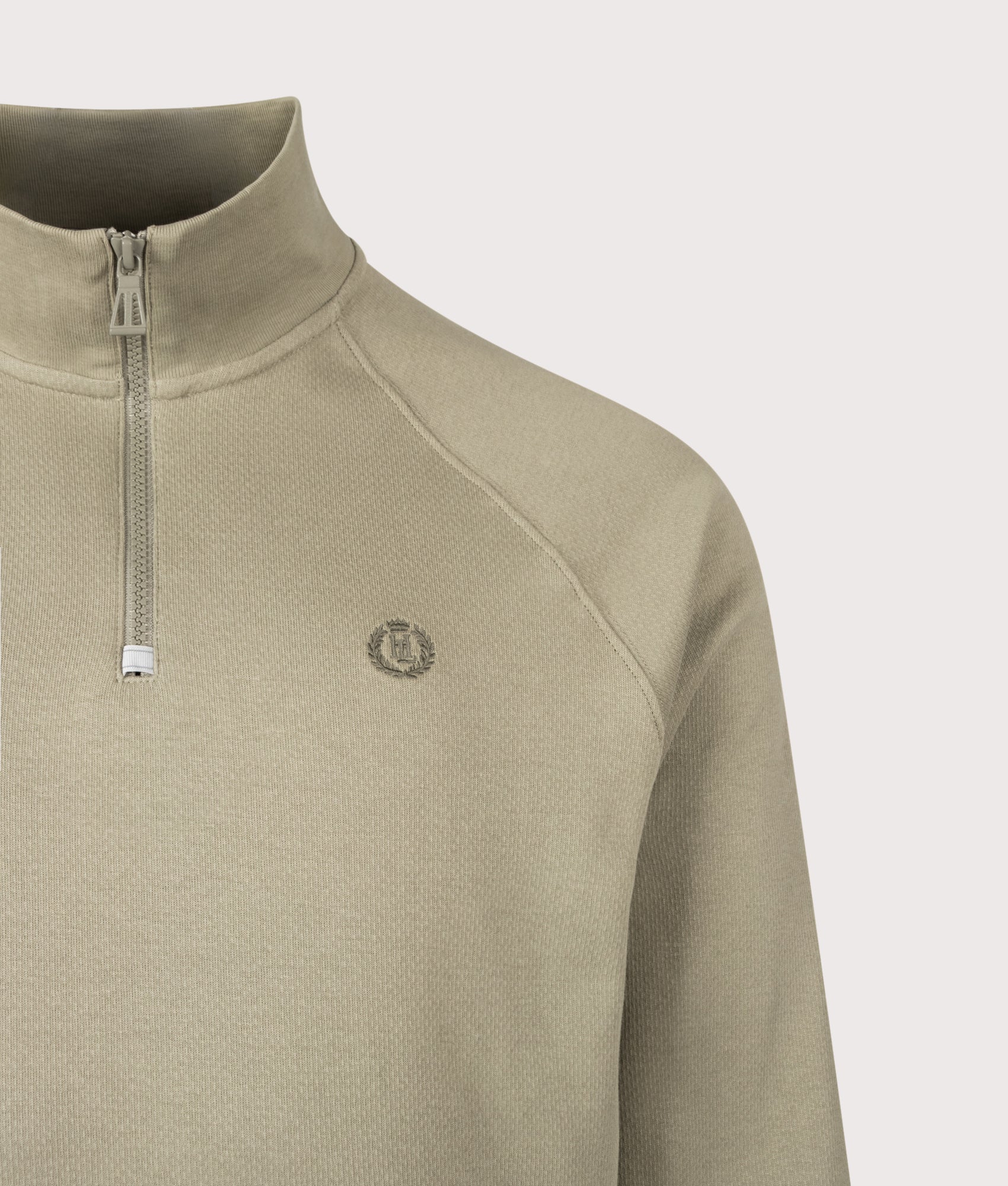 Hayle Quarter Zip Sweatshirt in Kelp By Henri-Lloyd. Shot by EQVVS. Detail shot.