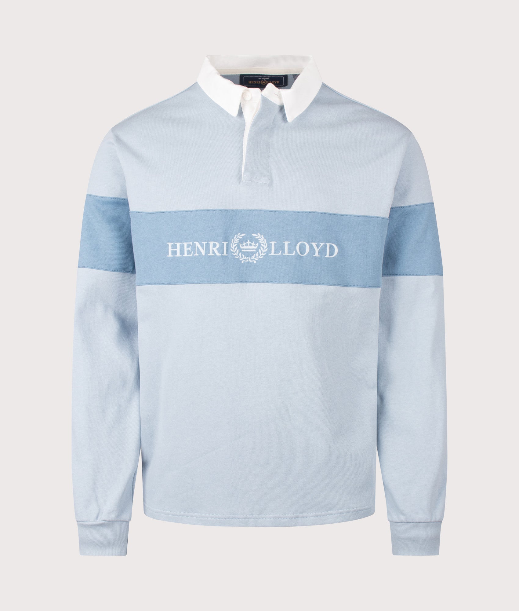 Voyager Rugby Shirt in Fog Blue by Henri-Lloyd. Shot by EQVVS. Front shot.