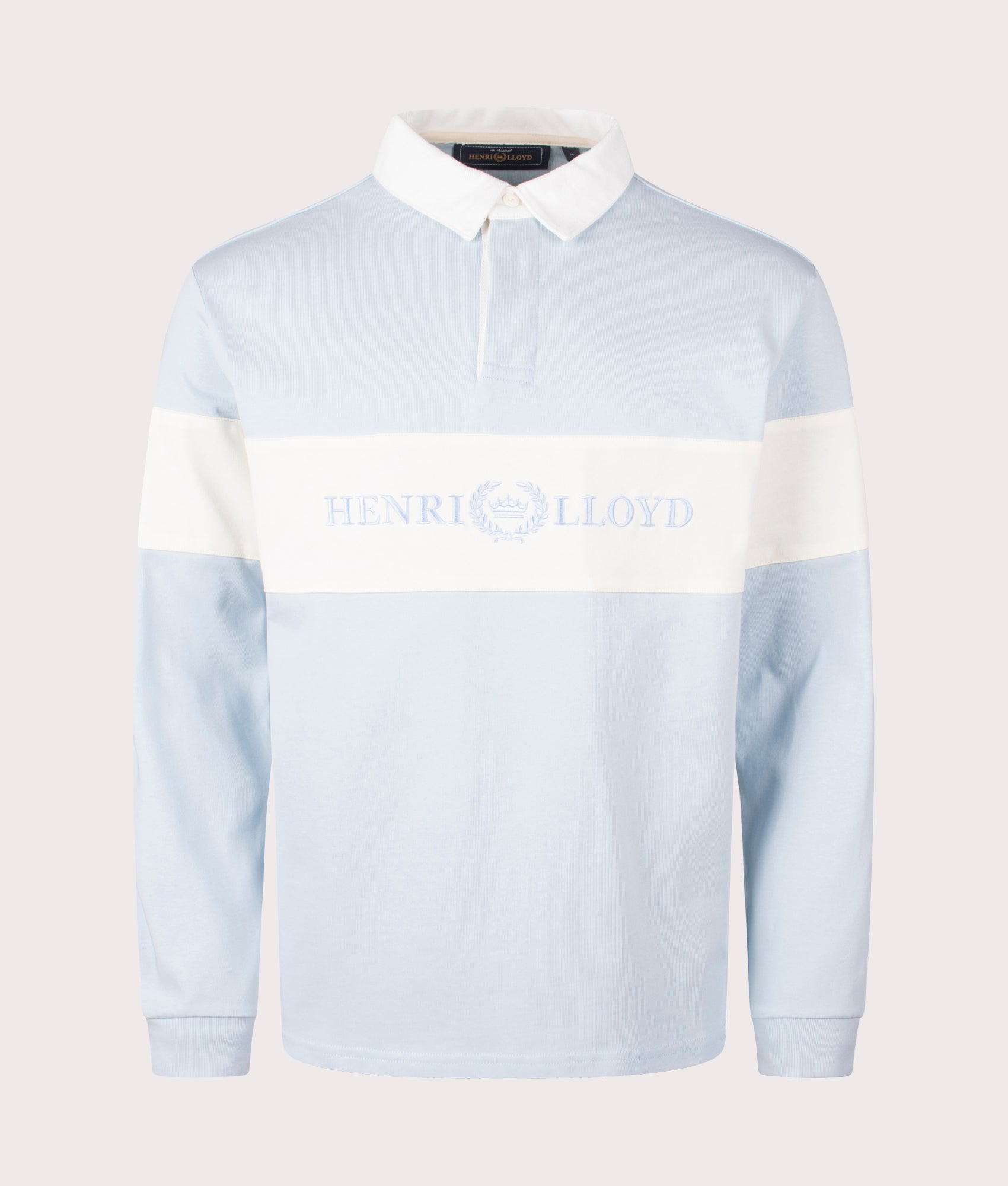 Henri-Lloyd Voyager Rugby Shirt in Sky Blue. Shot at EQVVS. Front shot