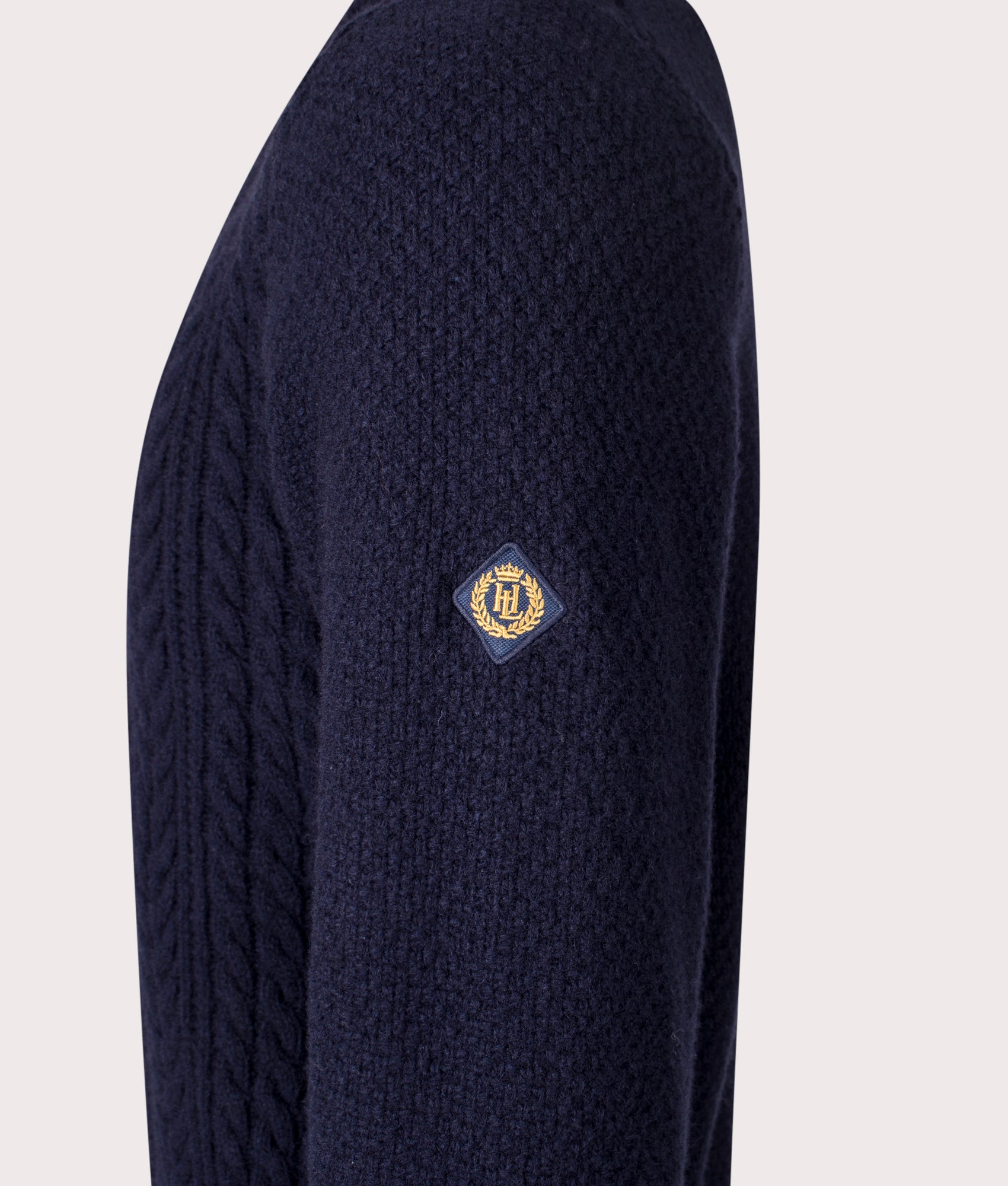 Abersoch Cable Knit Jumper in Dark Navy | Wool Blend | Henri Lloyd | EQVVS | Side detail shot 