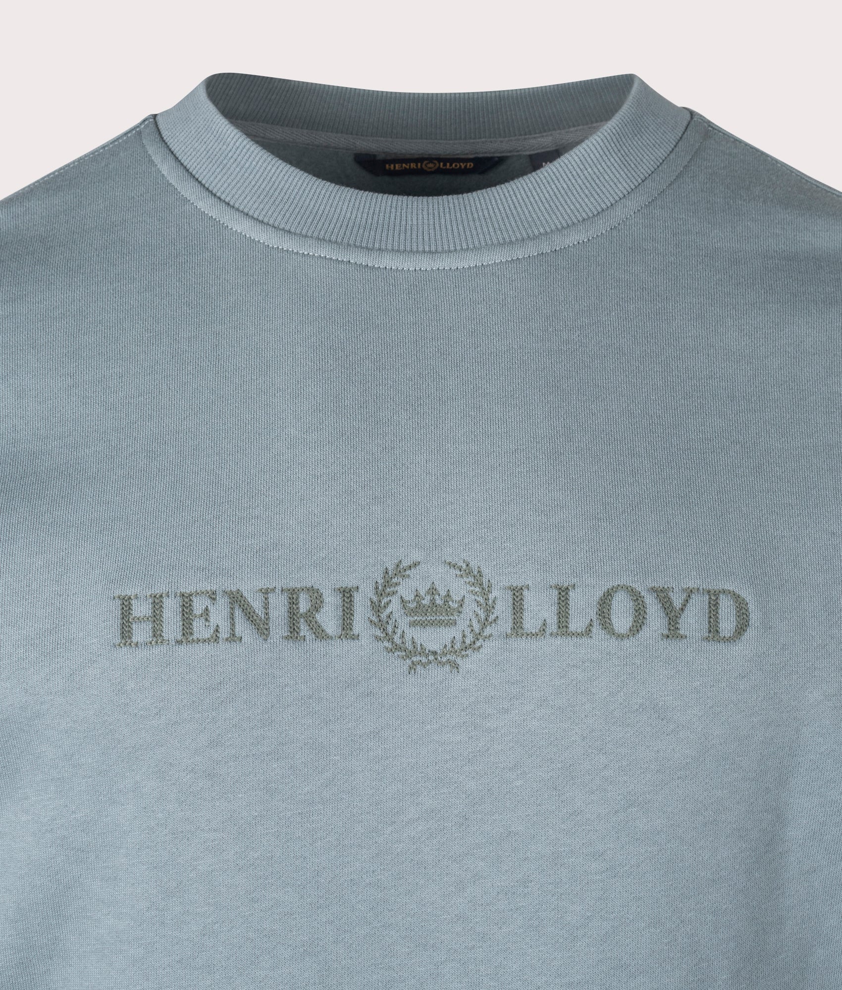 Lytham Crew Neck Sweatshirt in Sea Spray Blue | 100% Cotton | Henri Lloyd | EQVVS | Front detail shot 