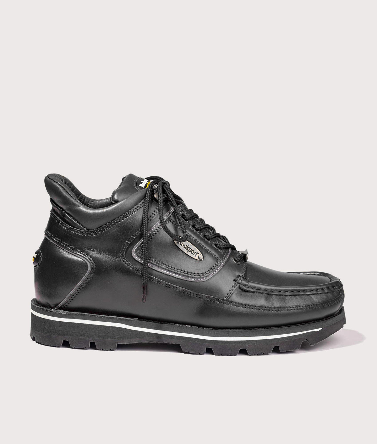 Rockport Umbwe Millennium Anniversary Hiker Boots in Black at EQVVS Menswear. Side shot.