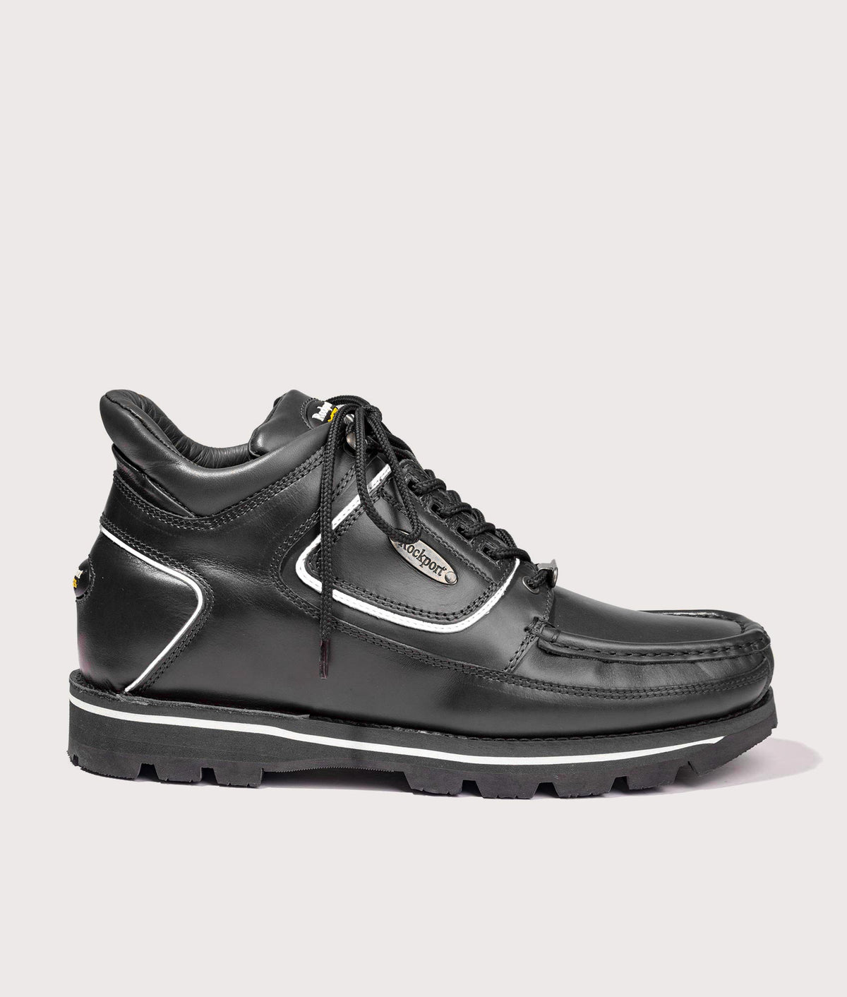 Rockport Umbwe Millennium Anniversary Hiker Boots in Black at EQVVS Menswear. Reflective side shot.