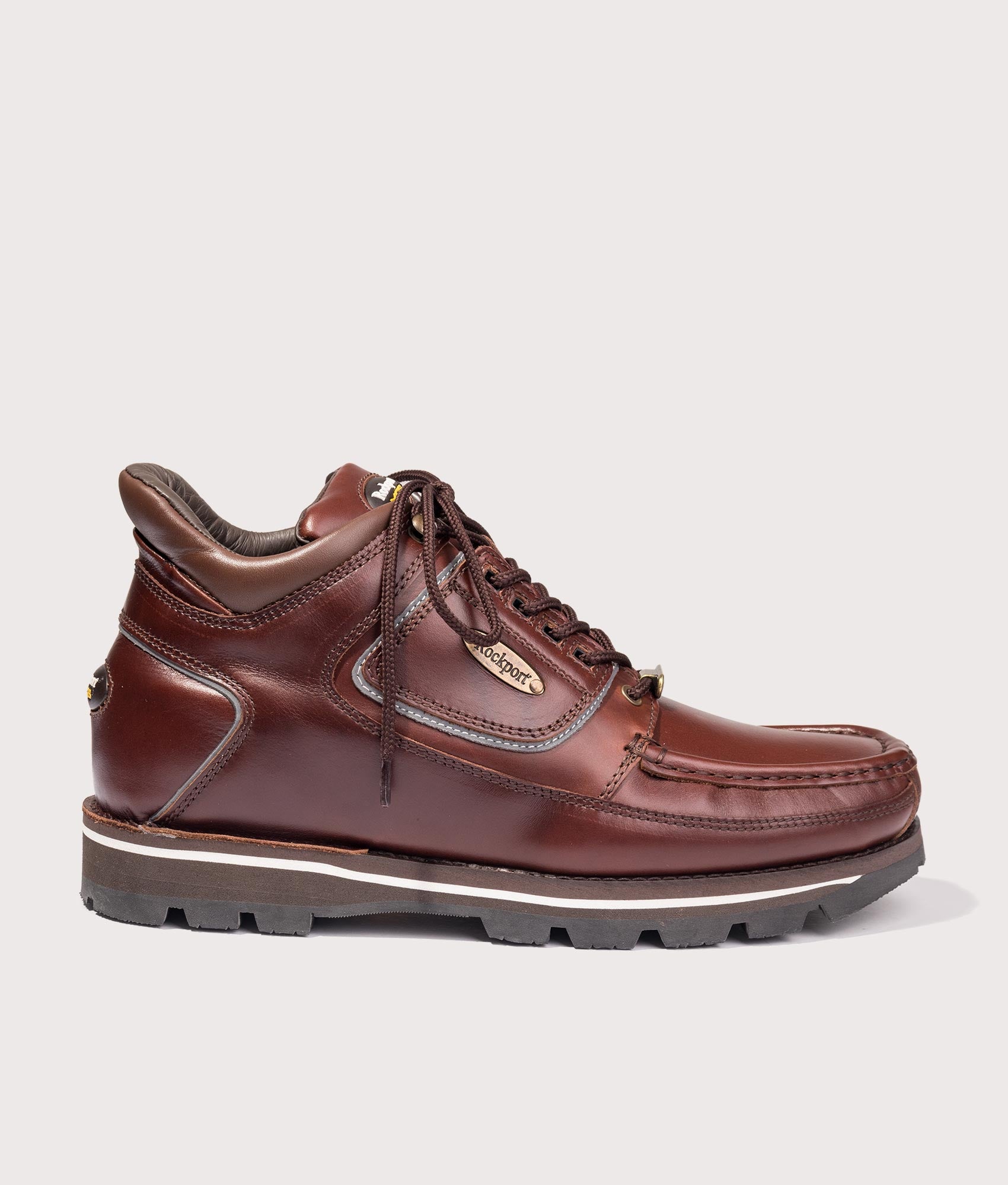 Rockport Umbwe Millennium Anniversary Hiker Boots in Dark Brown at EQVVS Menswear. Side shot.