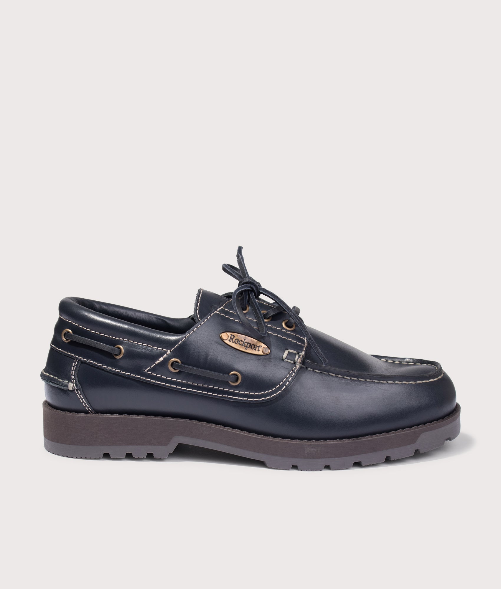 Rockport Country Boat Shoes in Navy at EQVVS Menswear. Side shot.