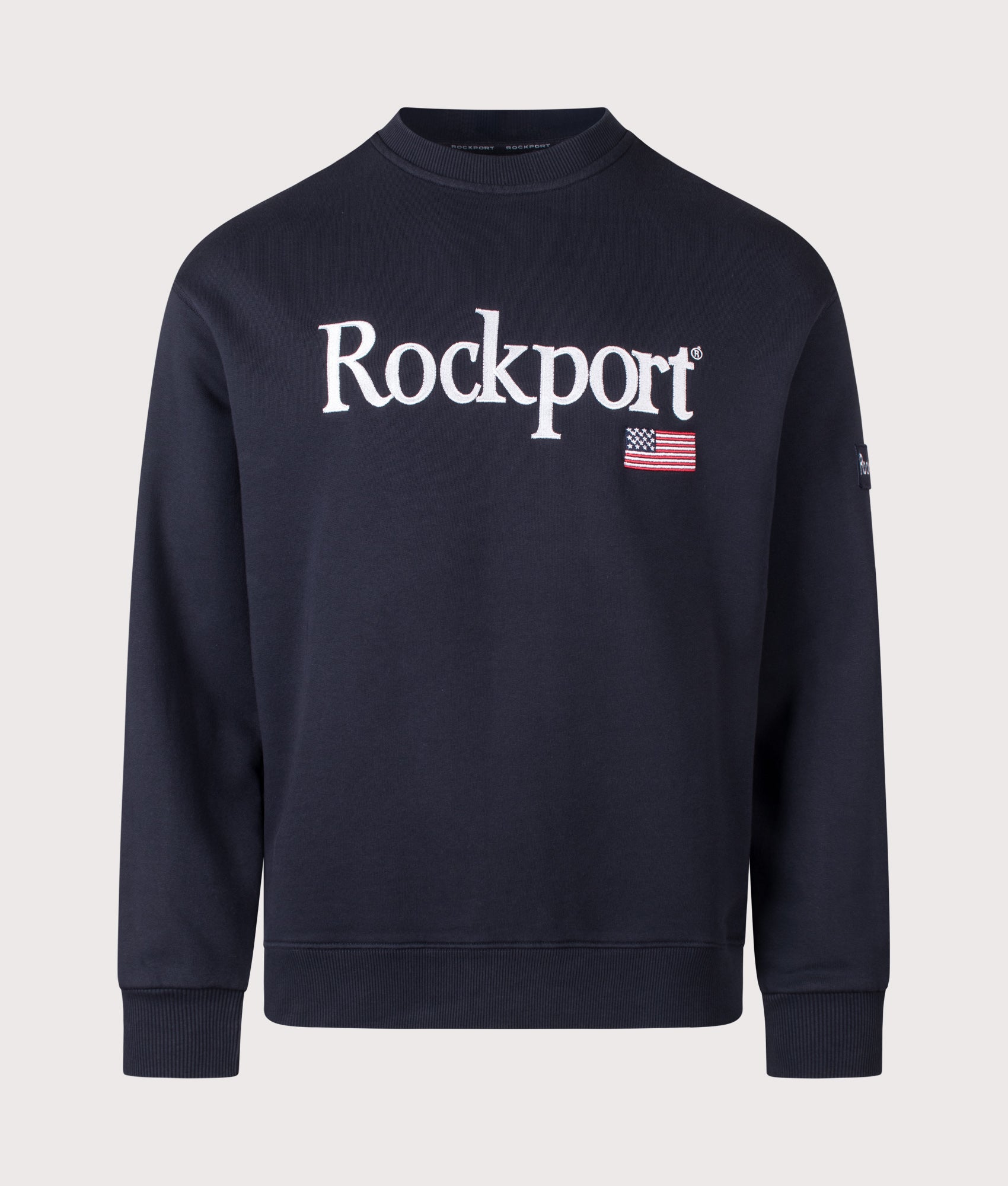 Rockport New England Front Logo Sweatshirt in Navy at EQVVS Menswear. Front shot.