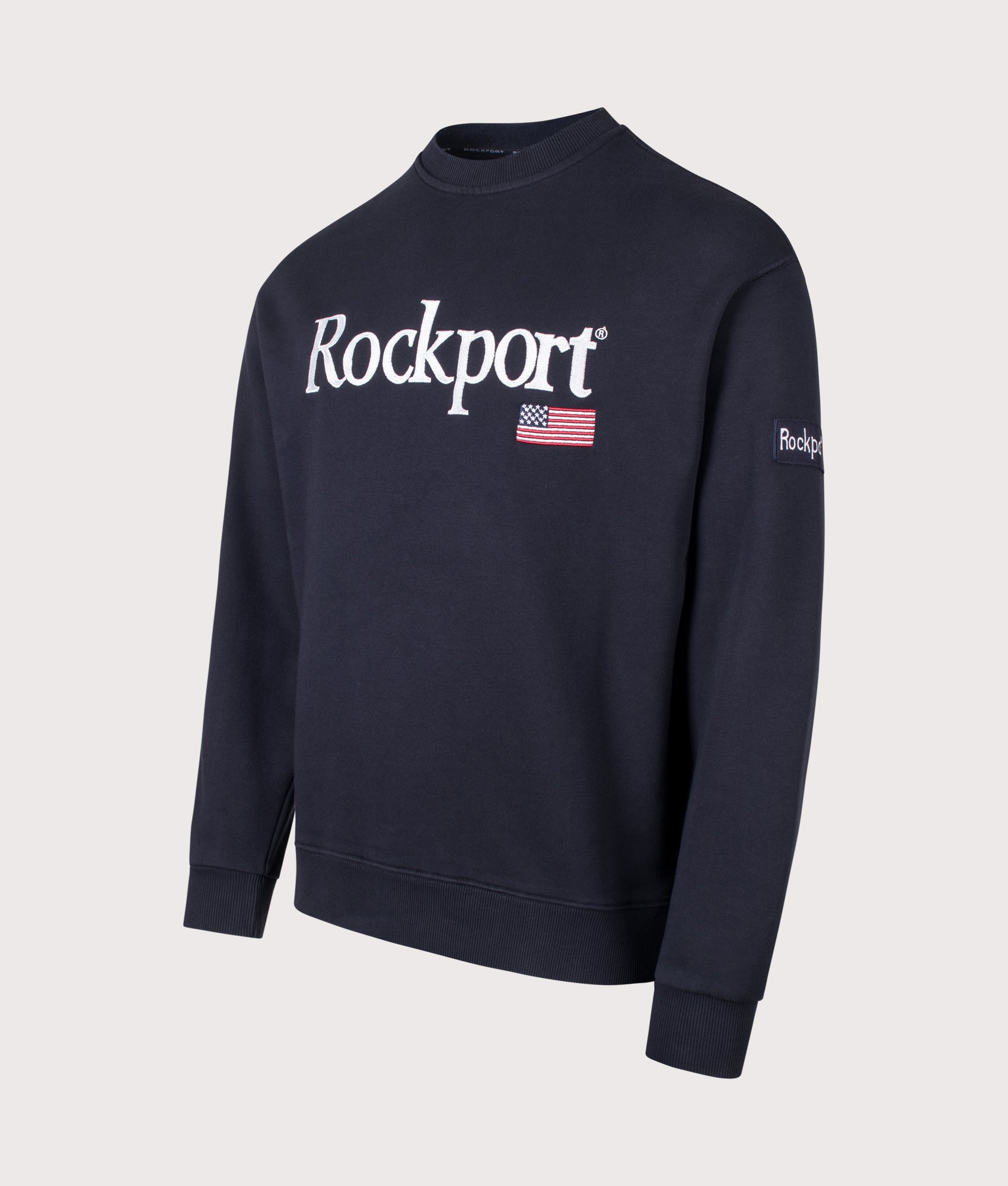 Rockport New England Front Logo Sweatshirt in Navy at EQVVS Menswear. Angled front shot.