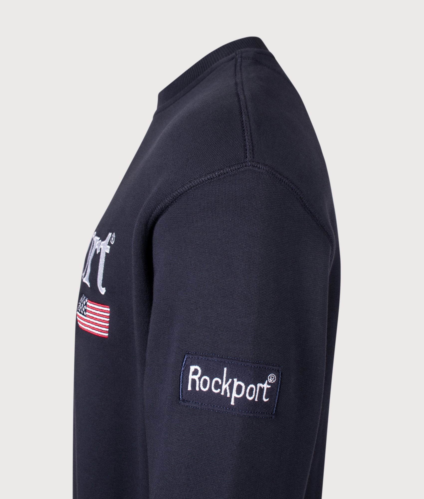 Rockport New England Front Logo Sweatshirt in Navy at EQVVS Menswear. Detail shot.