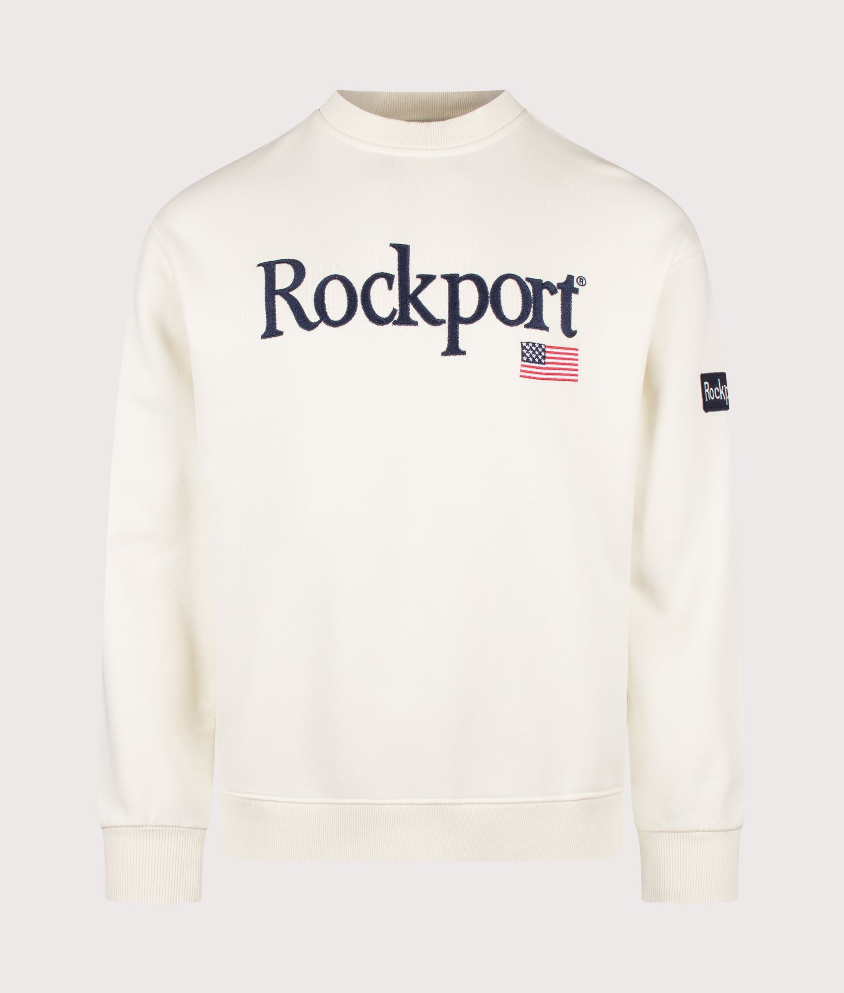 Rockport New England Front Logo Sweatshirt in Ecru at EQVVS Menswear. Front shot.