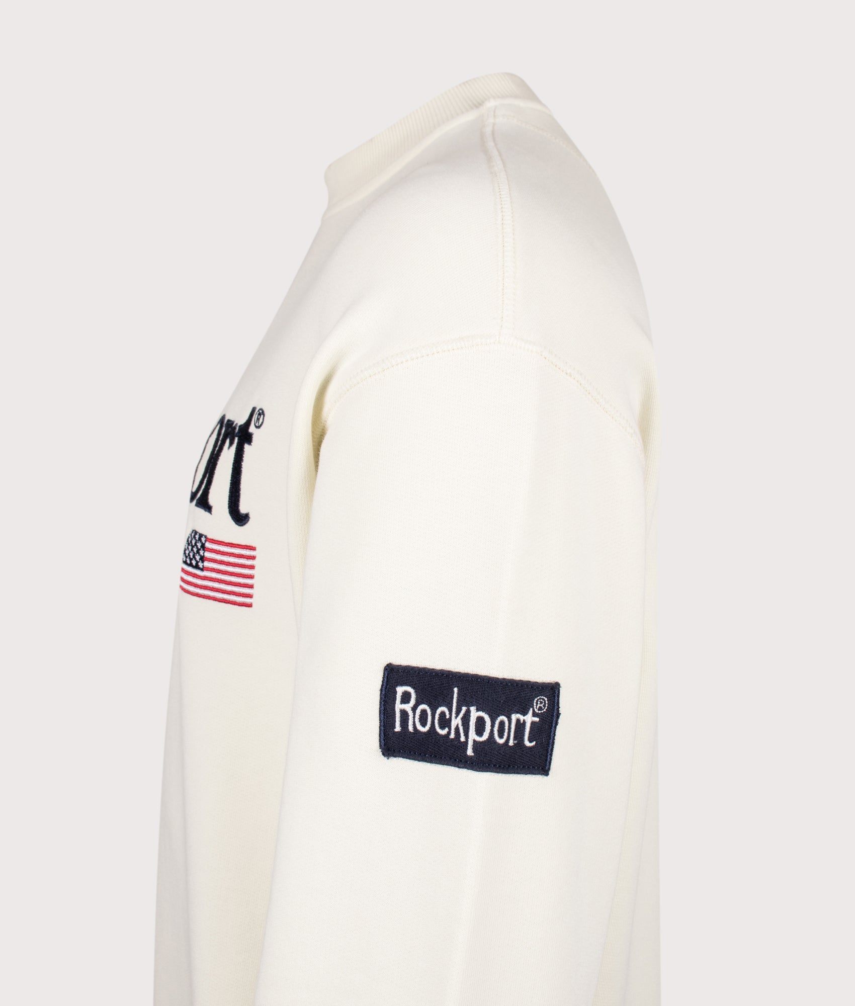 Rockport New England Front Logo Sweatshirt in Ecru at EQVVS Menswear. Detail shot.