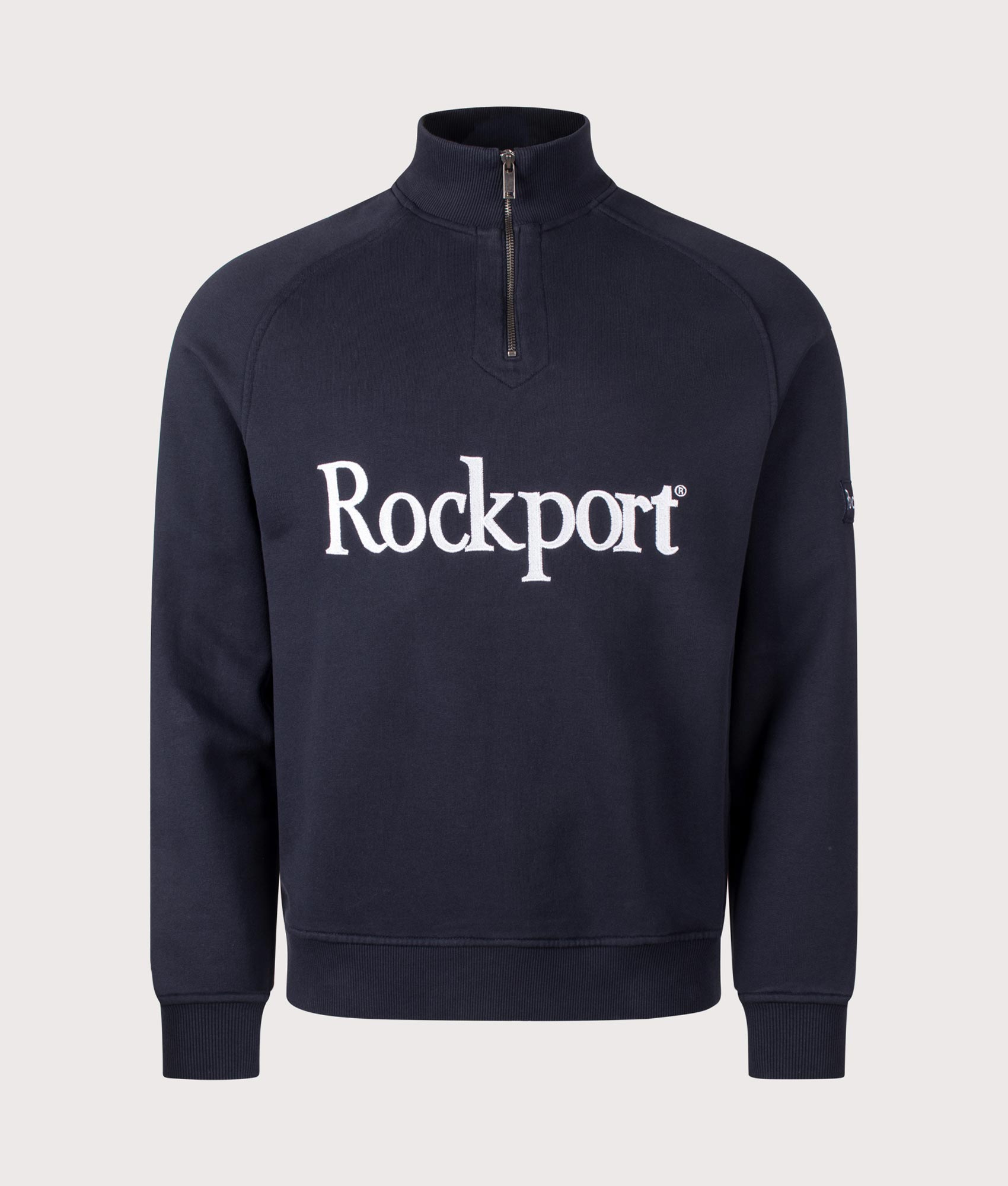 Rockport Relaxed Fit Boston Logo Quarter Zip Sweatshirt in Navy at EQVVS Menswear. Front shot.