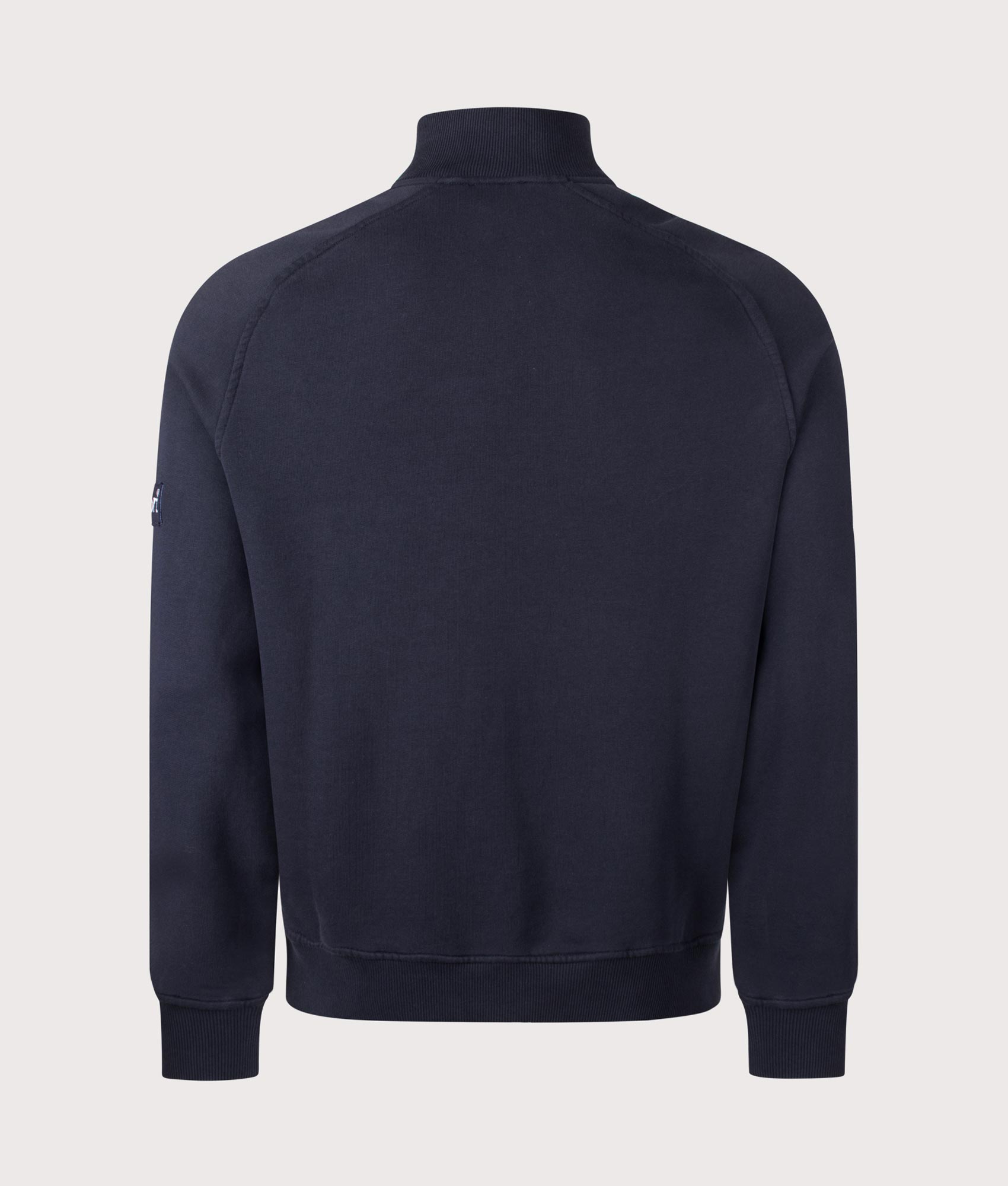 Rockport Relaxed Fit Boston Logo Quarter Zip Sweatshirt in Navy at EQVVS Menswear. Back shot.