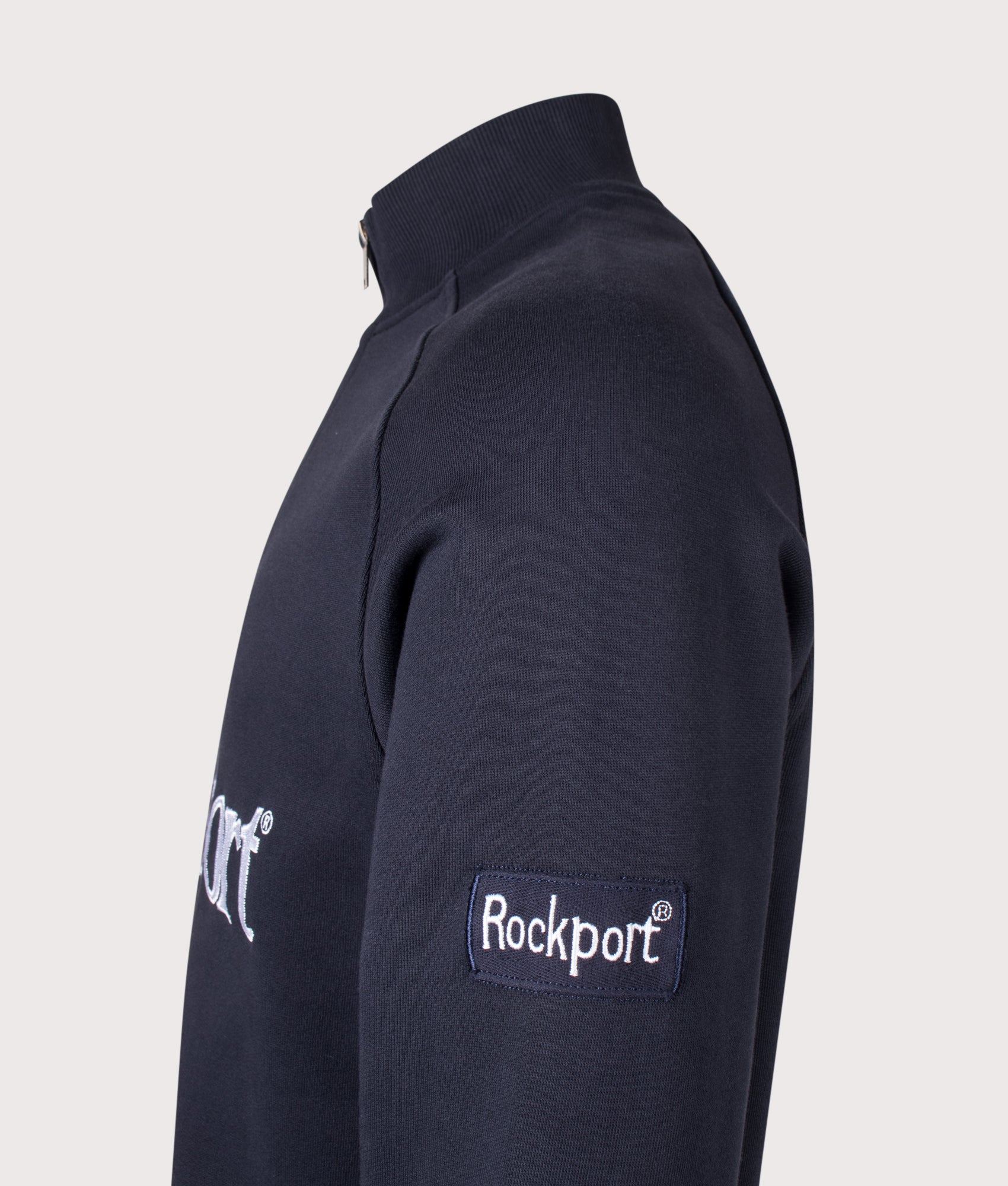 Rockport Relaxed Fit Boston Logo Quarter Zip Sweatshirt in Navy at EQVVS Menswear. Detail shot.