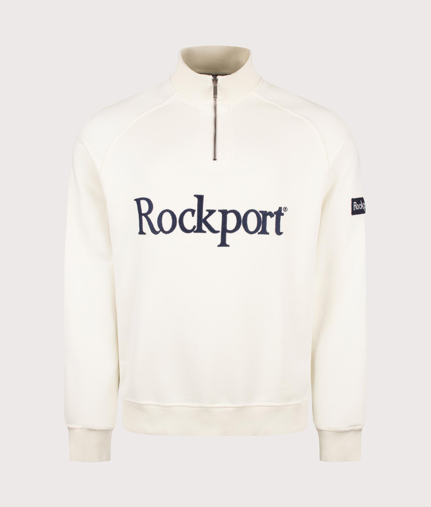 Rockport Relaxed Fit Boston Logo Quarter Zip Sweatshirt in Ecru at EQVVS Menswear. Front shot.