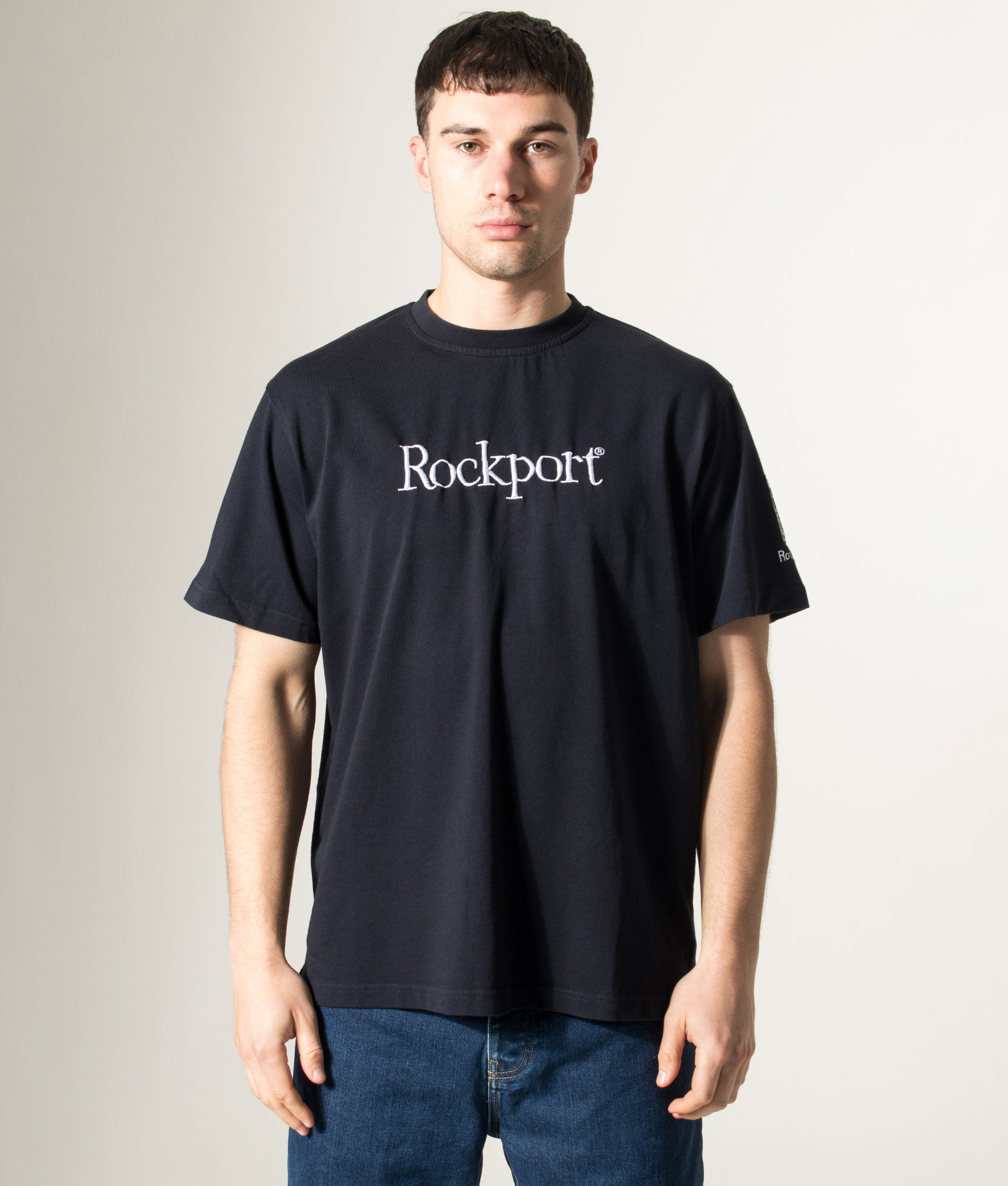 Rockport Relaxed Fit Highland Front Logo Washed T-Shirt in Navy at EQVVS Menswear. Model front shot.