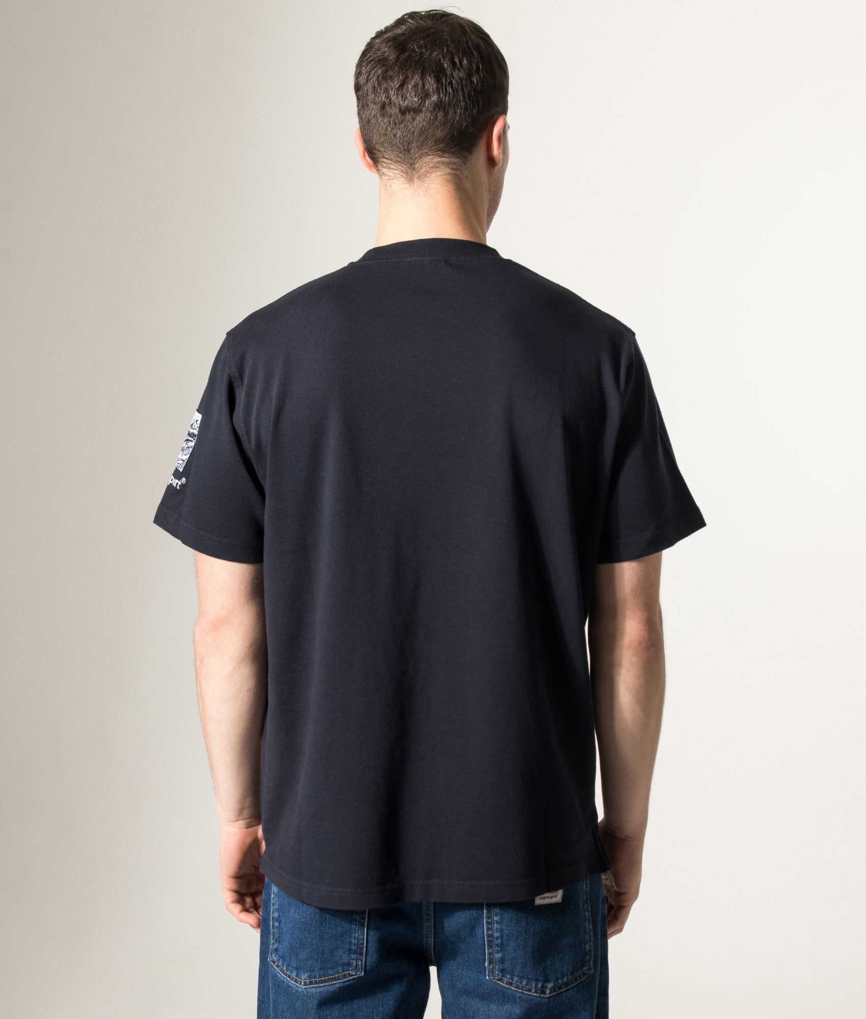 Rockport Relaxed Fit Highland Front Logo Washed T-Shirt in Navy at EQVVS Menswear. Model back shot.
