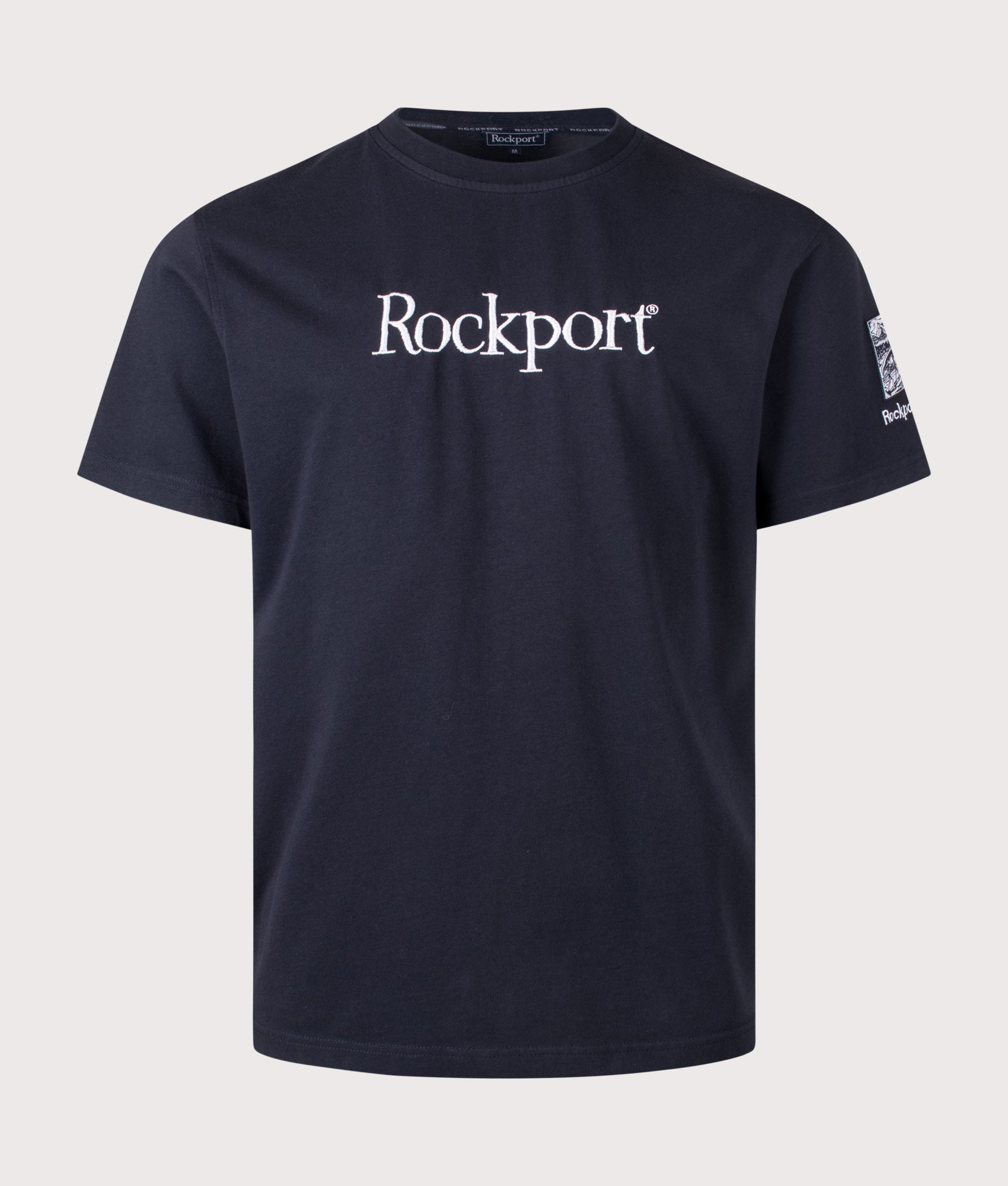 Rockport Relaxed Fit Highland Front Logo Washed T-Shirt in Navy at EQVVS Menswear. Front shot.