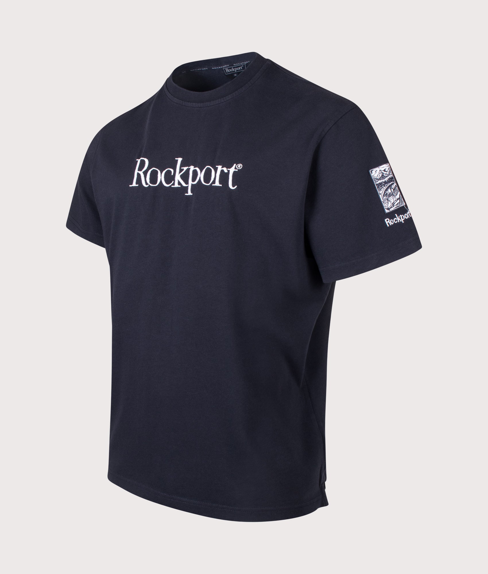 Rockport Relaxed Fit Highland Front Logo Washed T-Shirt in Navy at EQVVS Menswear. Angled front shot.