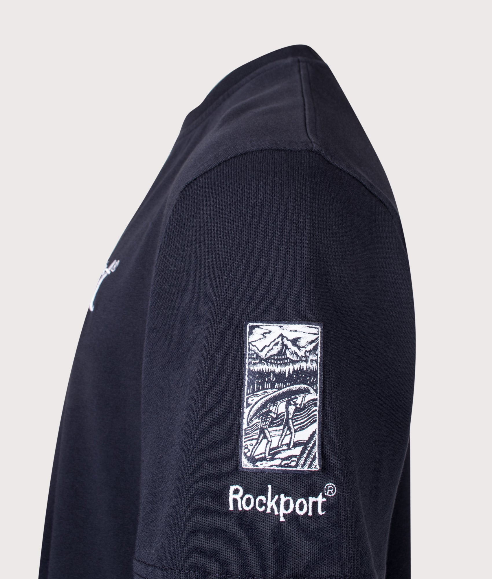 Rockport Relaxed Fit Highland Front Logo Washed T-Shirt in Navy at EQVVS Menswear. Detail shot.