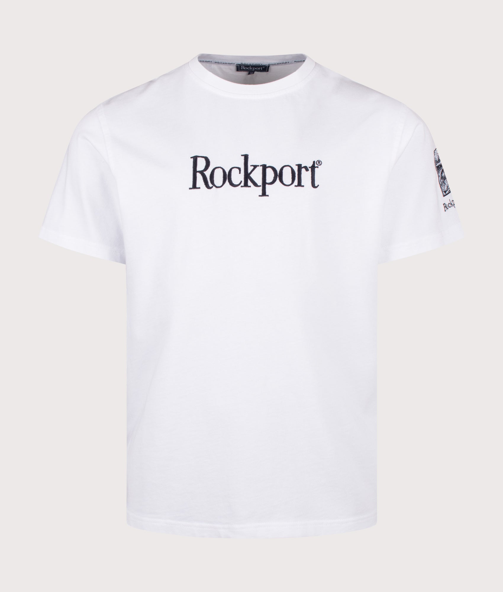 Rockport Relaxed Fit Highland Front Logo Washed T-Shirt in White at EQVVS Menswear. Front shot.