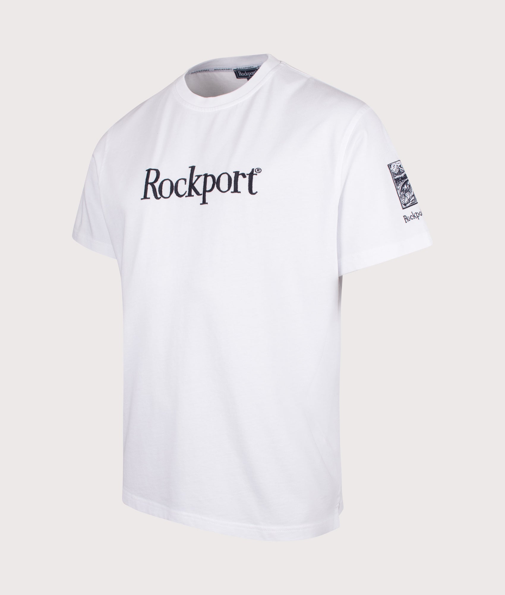 Rockport Relaxed Fit Highland Front Logo Washed T-Shirt in White at EQVVS Menswear. Angled front shot.