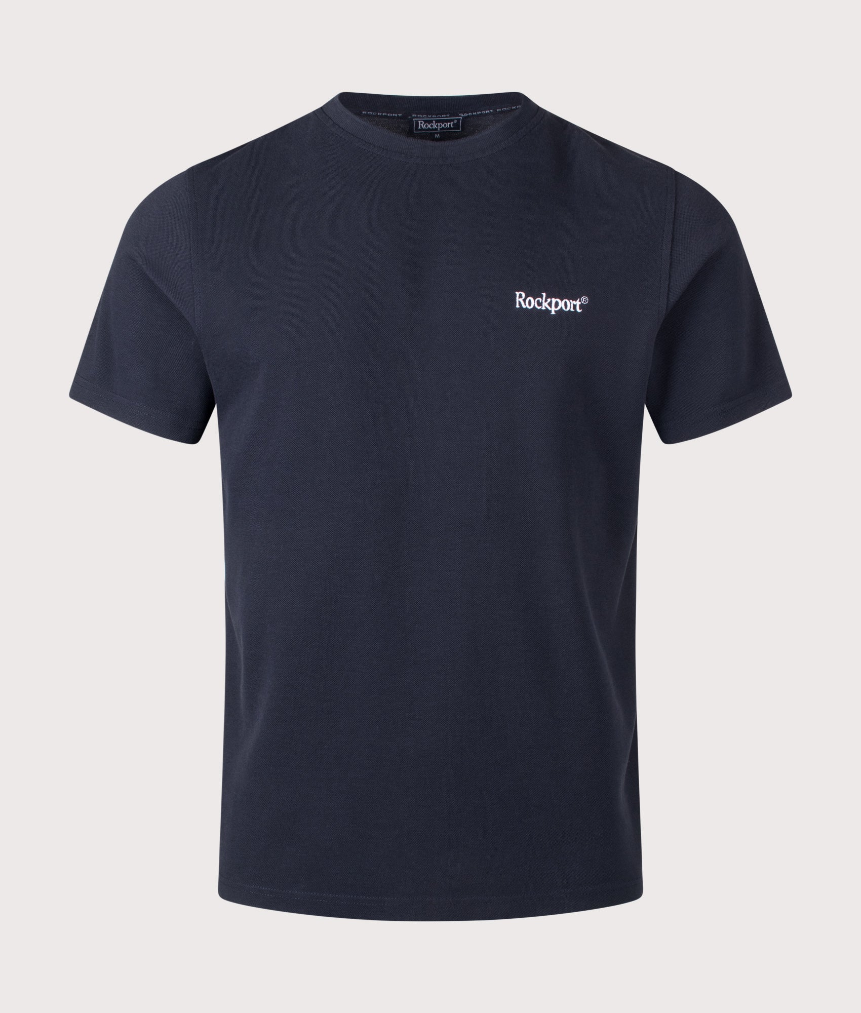 Rockport Relaxed Fit Rocester Piqué Logo T-Shirt in Navy at EQVVS Menswear. Front shot.