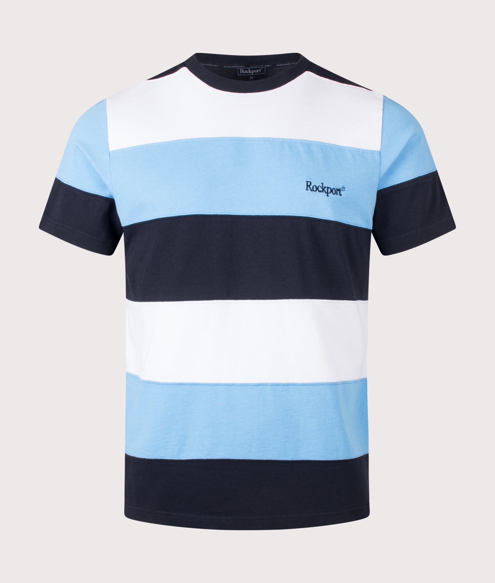 Rockport Relaxed Fit Dyer Stripe T-Shirt in Navy, white and blue stripe at EQVVS Menswear. Front shot.
